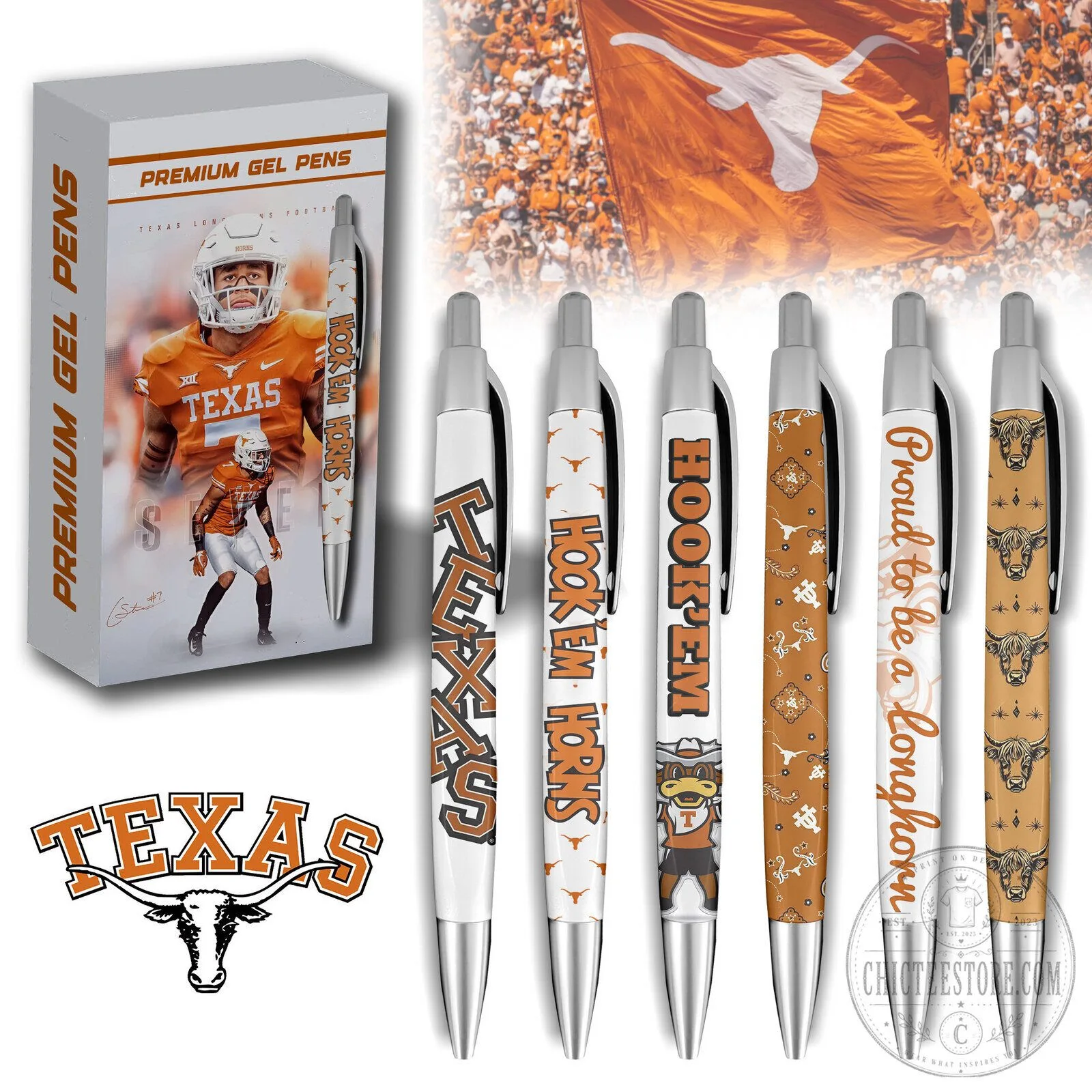 Texas Longhorns Premium Gel Pen Set, Hook 'Em Horns College Football Pens