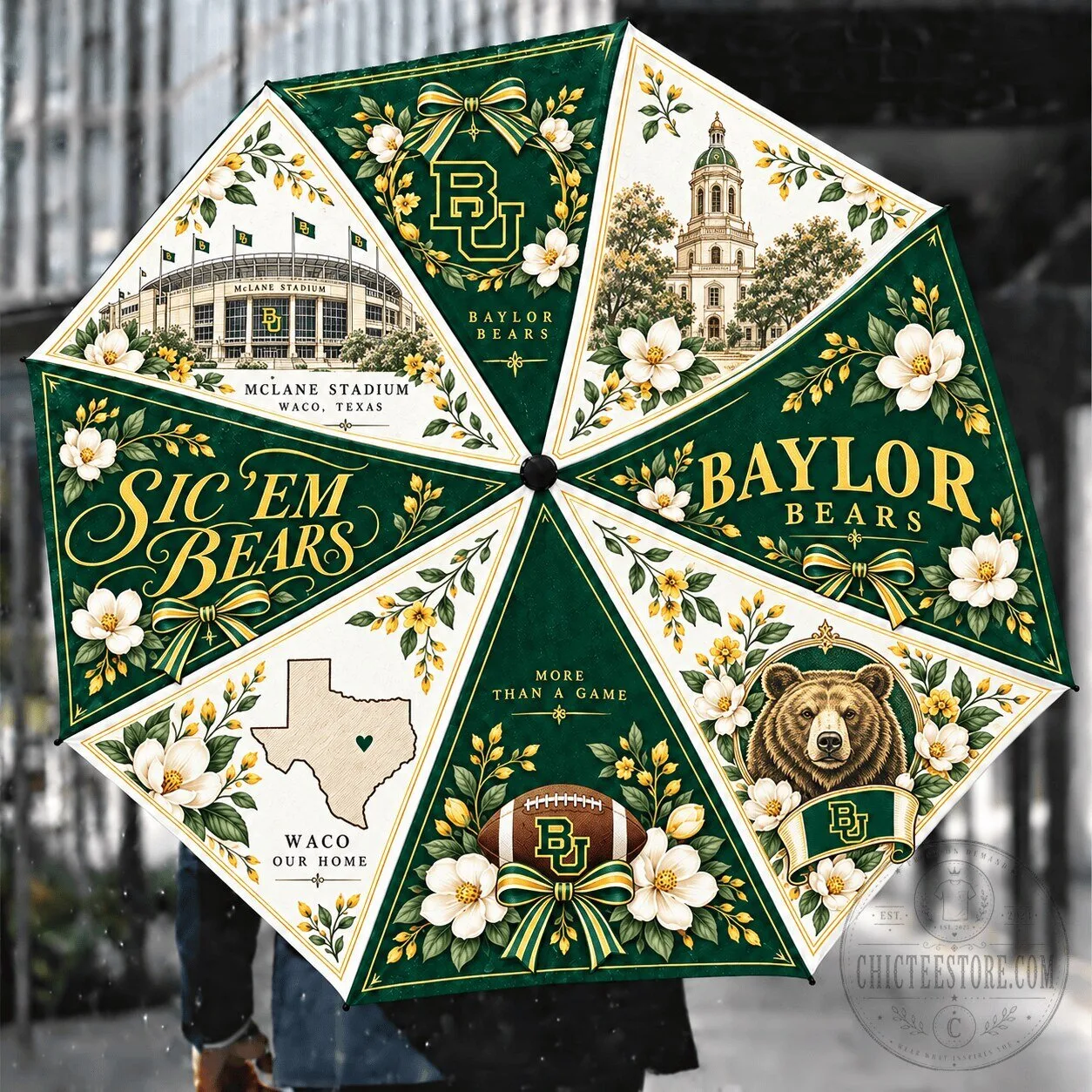 Baylor Bears Sic 'Em Bears Football Team Floral Folding Umbrella