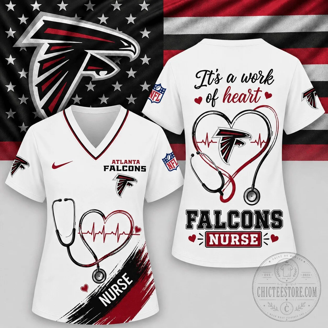 Atlanta Falcons Nurse It's A Work Of Heart V-Neck T-Shirt