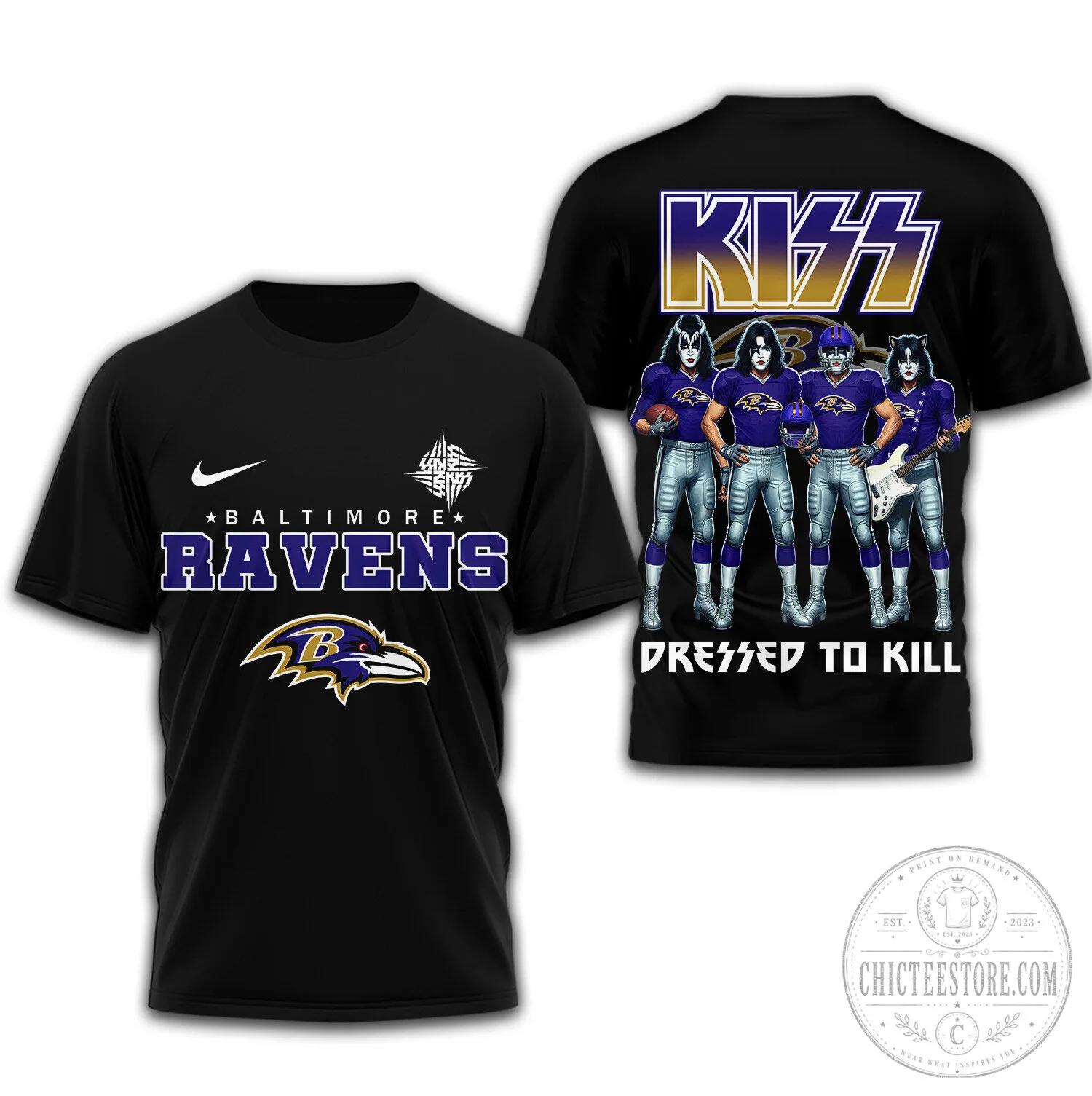 Baltimore Ravens Kiss Band Dressed to Kill NFL Football T-Shirt