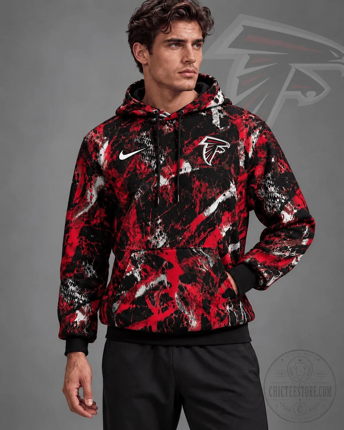 Atlanta Falcons NFL Team Crest Distressed Brush Camouflage Pullover Hoodie