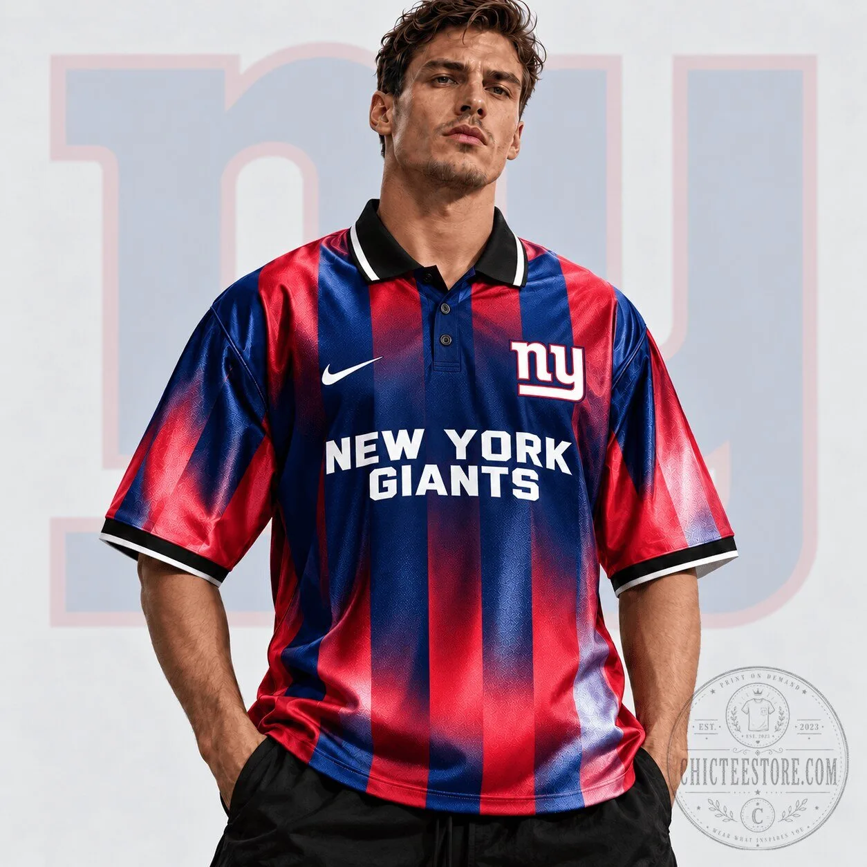 New York Giants NFL Team Crest Vertical Stripe Retro Performance Football Jersey