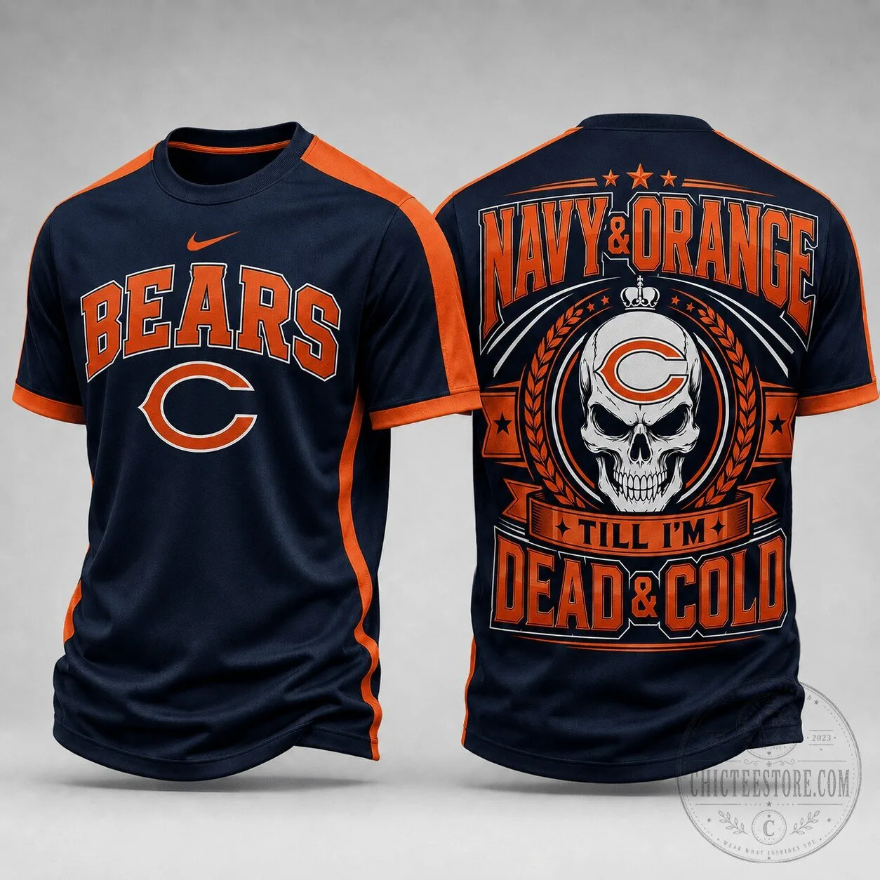 Chicago Bears Shirt Navy Orange Till I'm Dead And Cold Skull Fan Pride T-Shirt