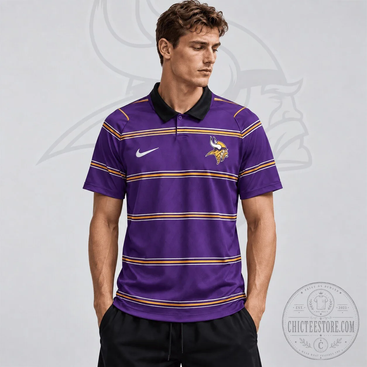 Minnesota Vikings National Football League Team Crest Striped Purple Polo Shirt