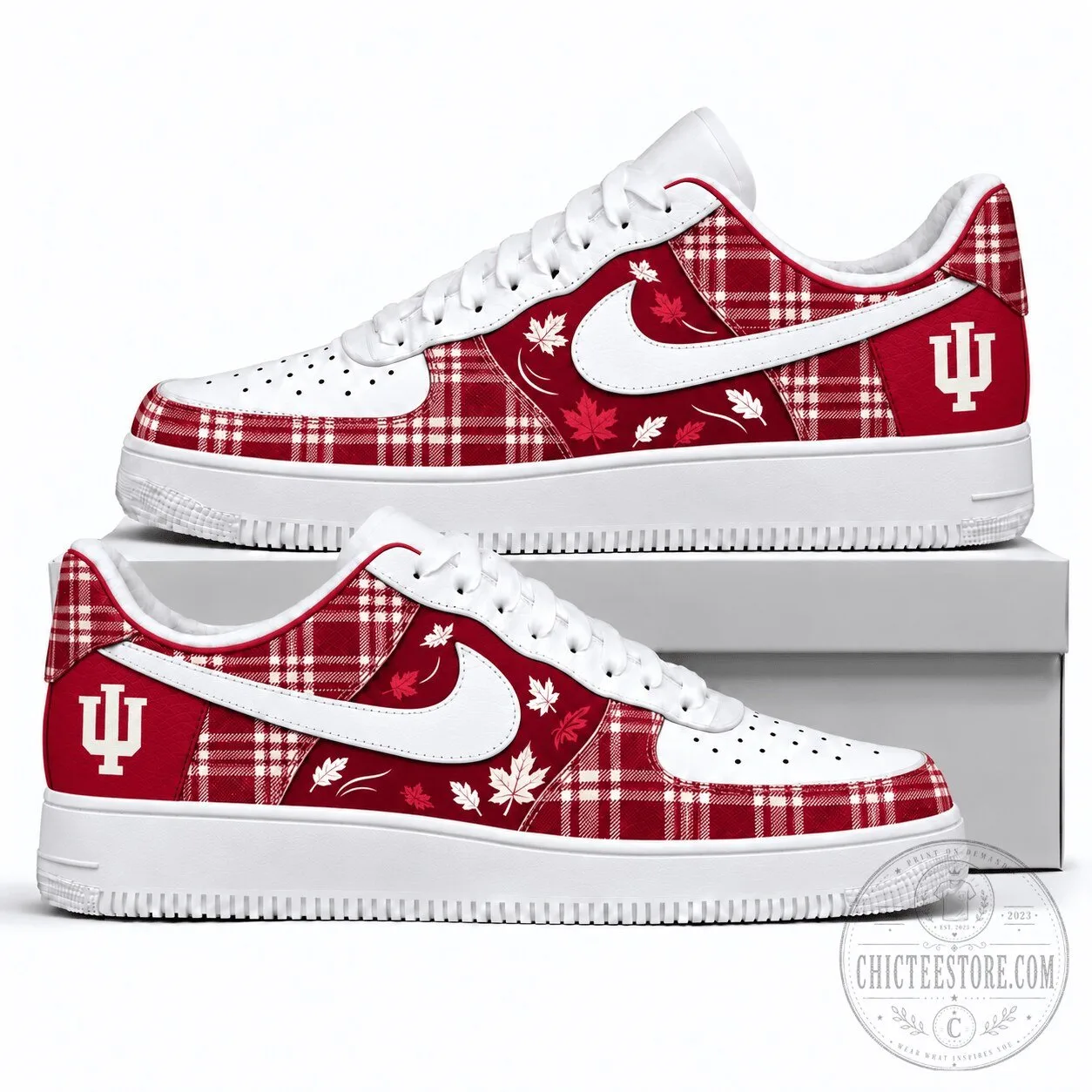 Indiana Hoosiers Fall Plaid Maple Leaf Custom Design Sneakers