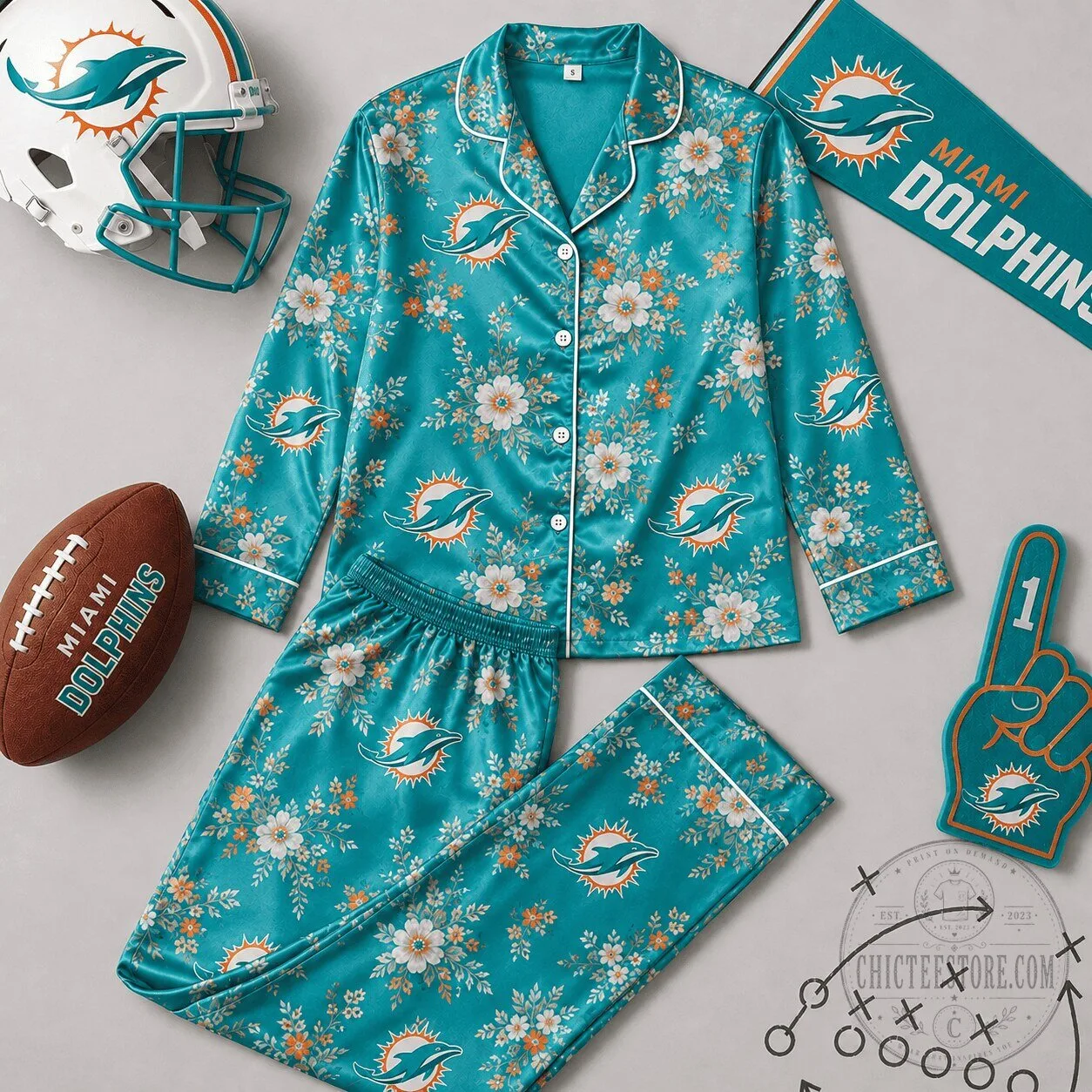 Miami Dolphins Floral Print Button Down Pajamas Set