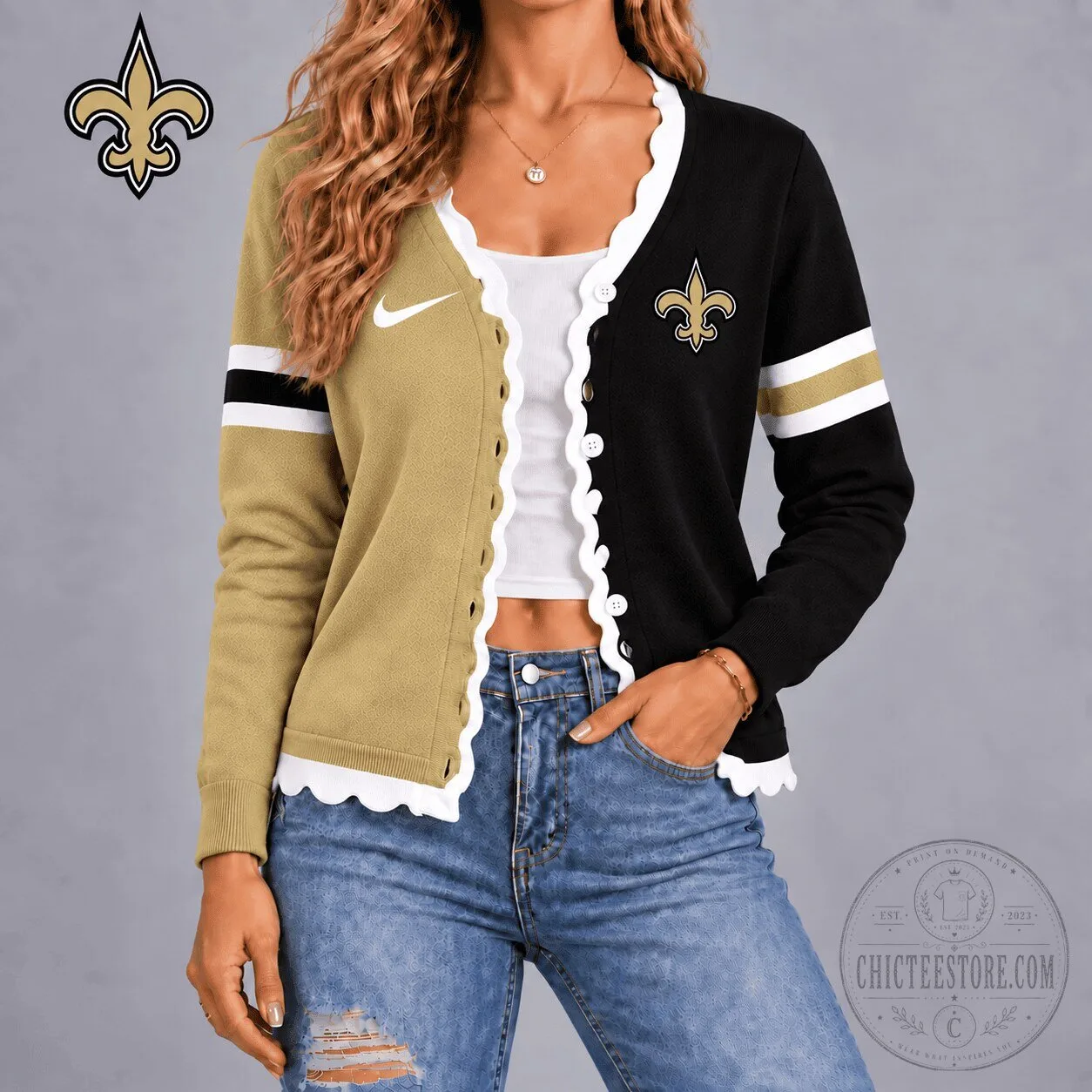 New Orleans Saints Women's Black and Gold Scalloped Cardigan Sweater