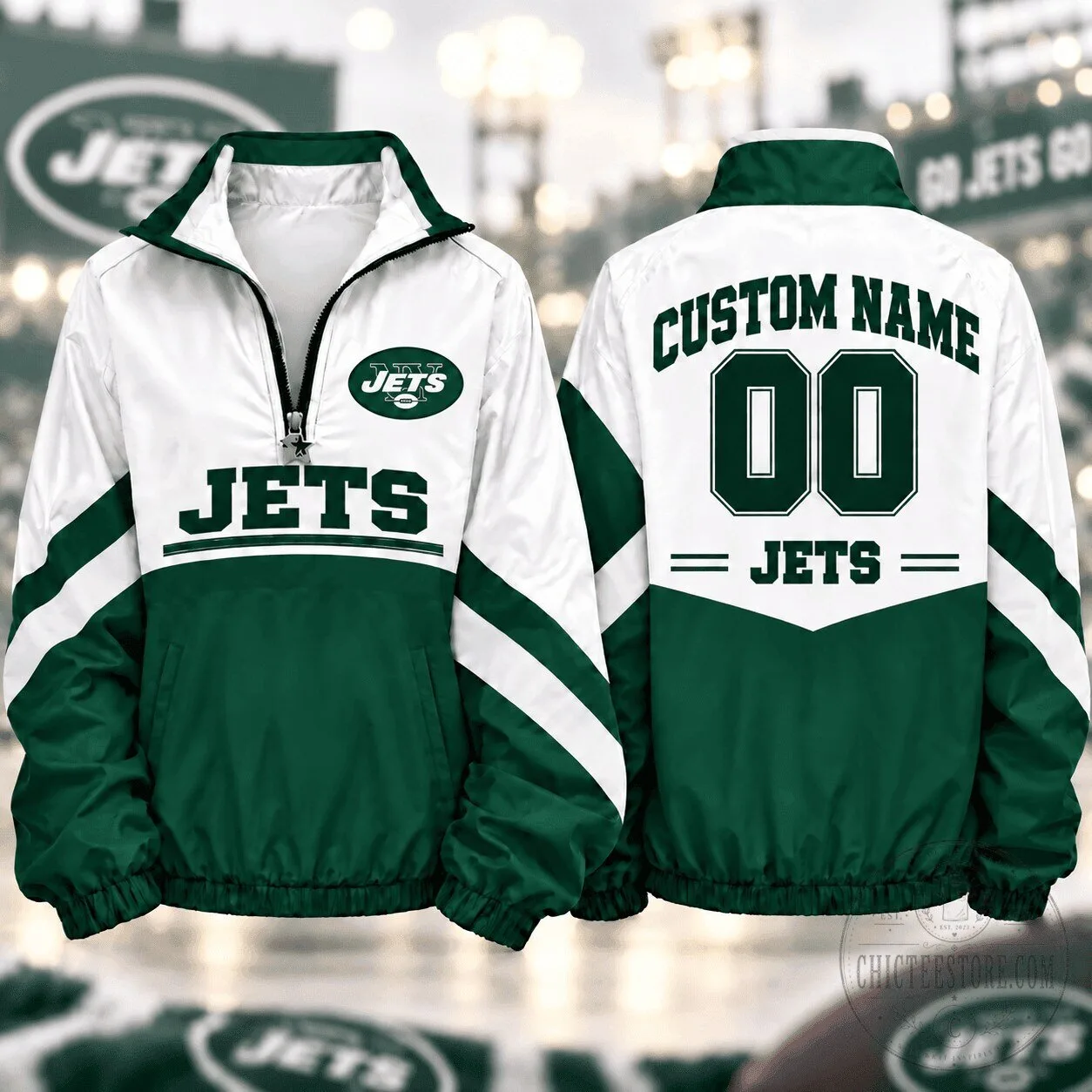 New York Jets NFL Custom Name And Number Quarter Zip Jacket