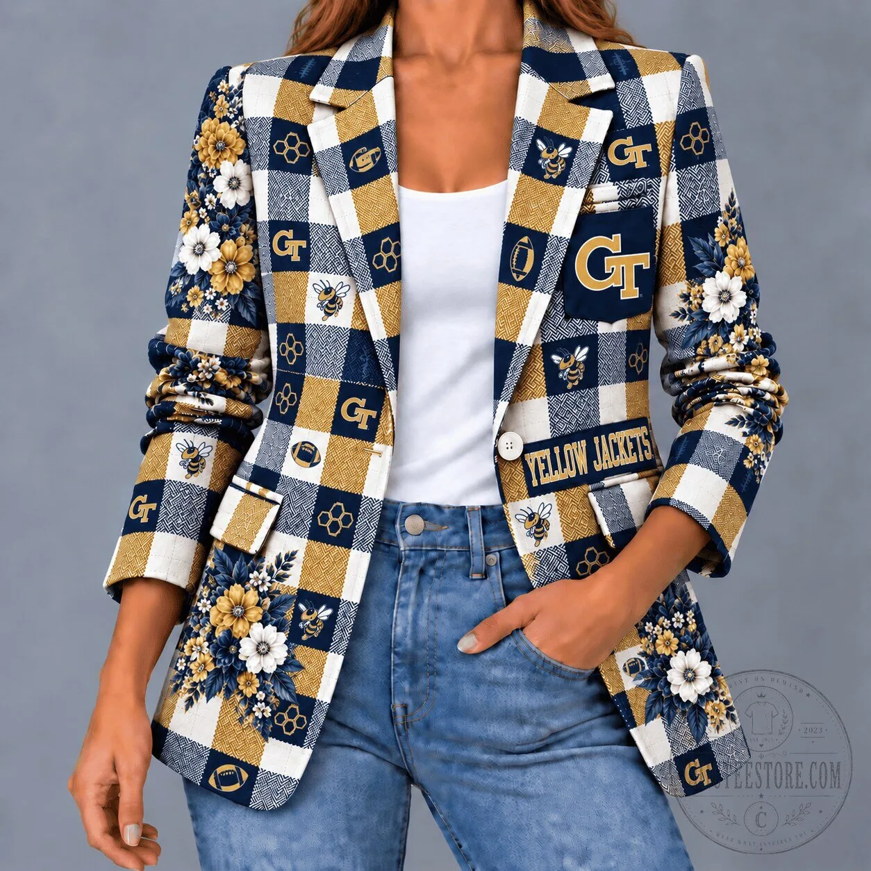 Georgia Tech Yellow Jackets Football Game Day Floral Plaid Women's Blazer Jacket