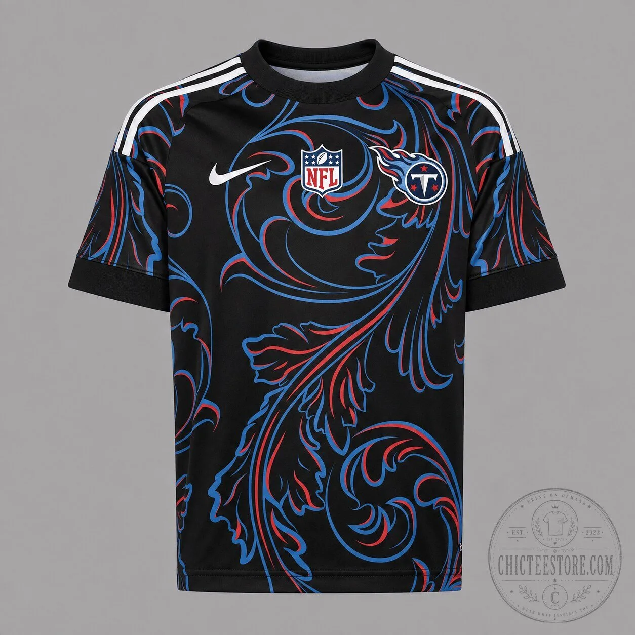 Tennessee Titans NFL Football Team Black Floral Pattern Short Sleeve T-Shirt