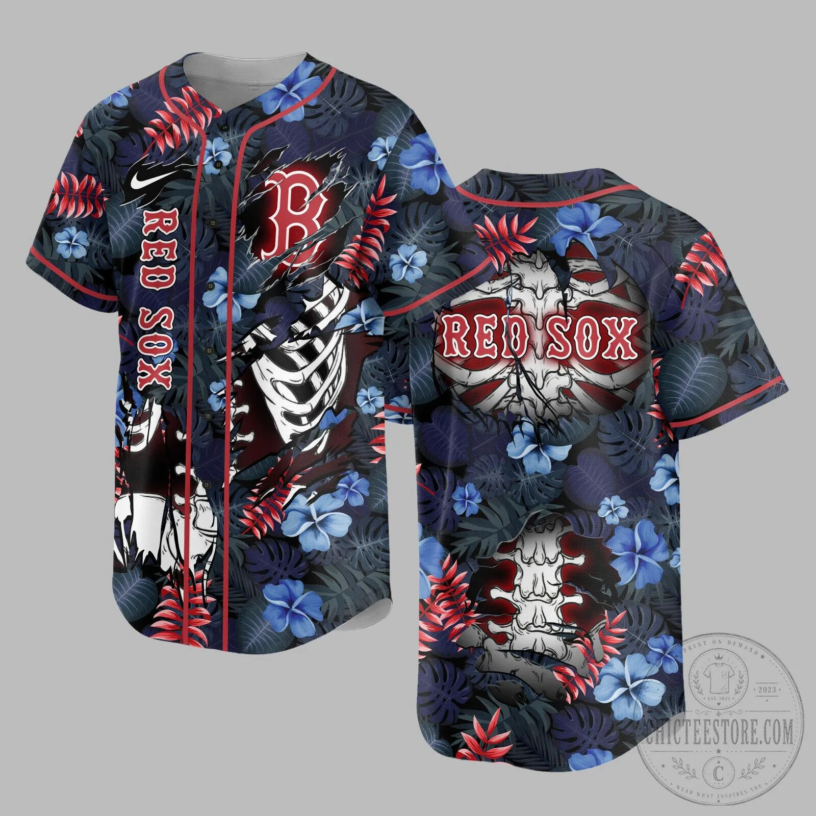 Boston Red Sox Baseball Skeleton Tropical Hawaiian Shirt