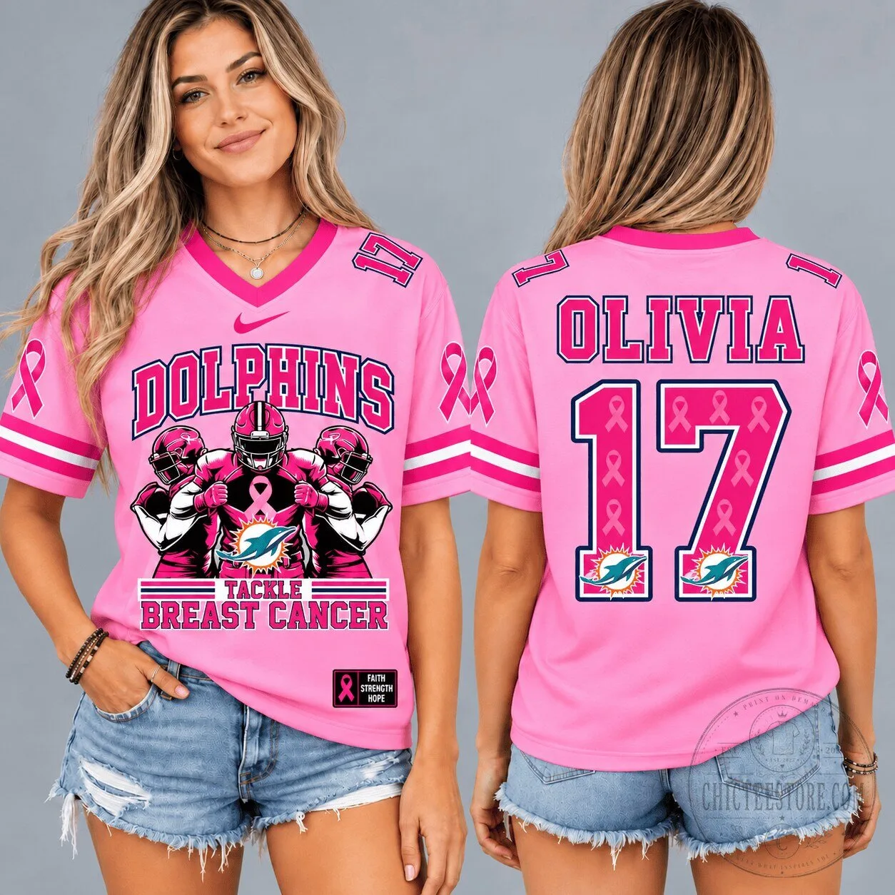 Miami Dolphins Breast Cancer Awareness Pink Ribbon Personalized Football Jersey