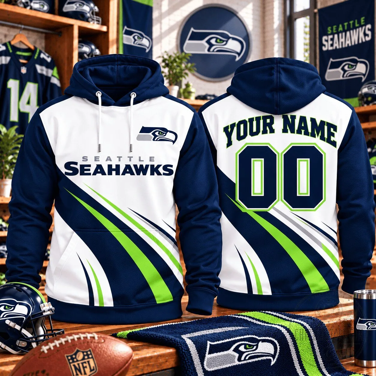 Seattle Seahawks Custom Name and Number Football Fan Hoodie