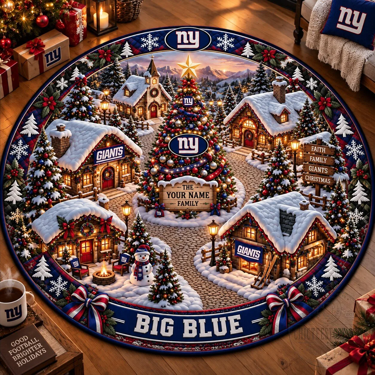New York Giants Christmas Village Round Quilted Rug Personalized