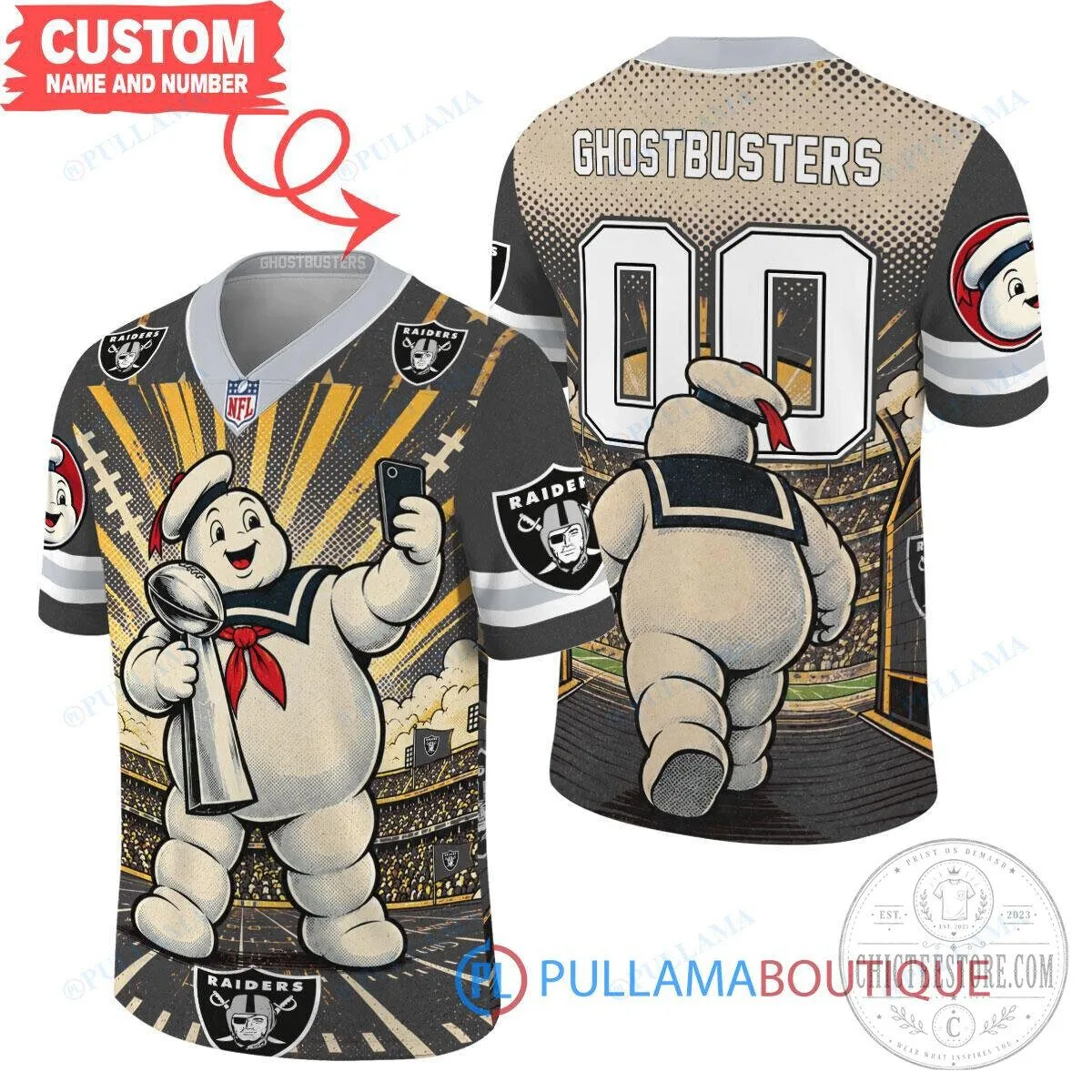 Las Vegas Raiders Ghostbusters Stay Puft Marshmallow Man Football Jersey 7 Las Vegas Raiders Ghostbusters Stay Puft Marshmallow Man Football Jersey