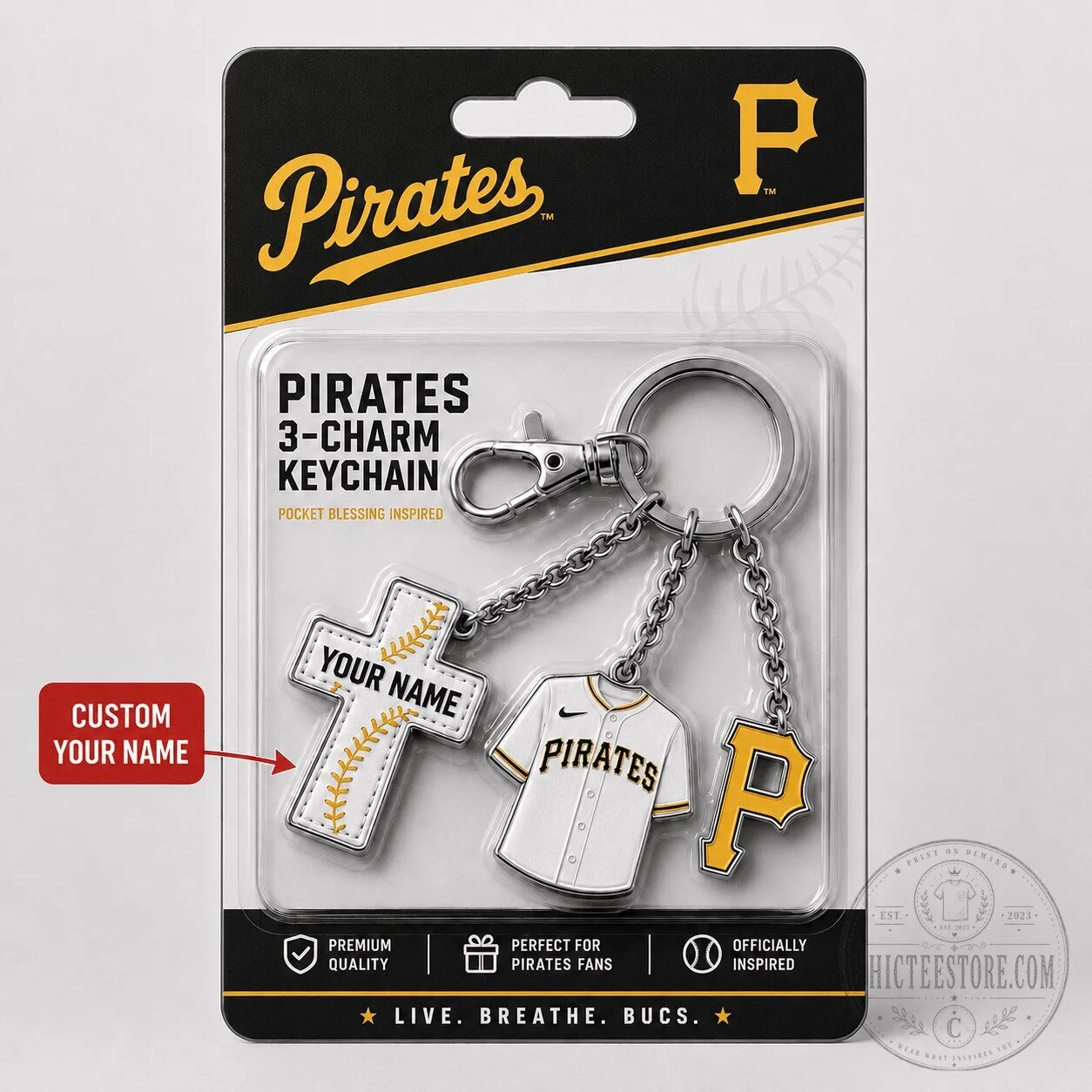 Pittsburgh Pirates Baseball Team 3-Charm Keychain Custom Name Gift