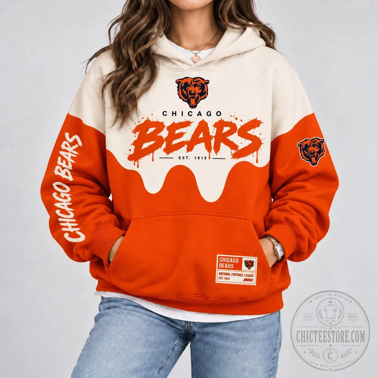 Chicago Bears National Football League Cream Orange Paint Splatter Hoodie