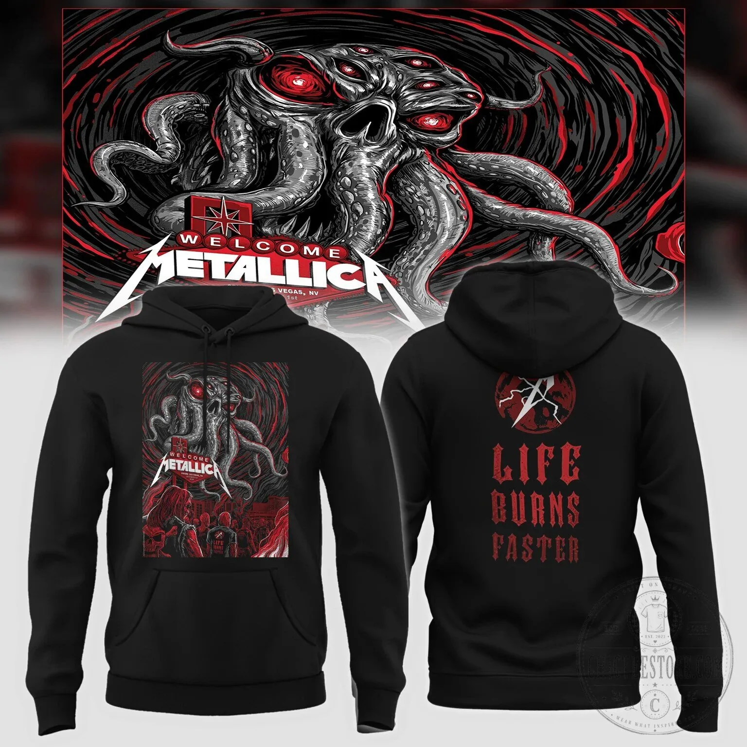 Metallica Life Burns Faster Cthulhu Art Concert Black Unisex Hoodie