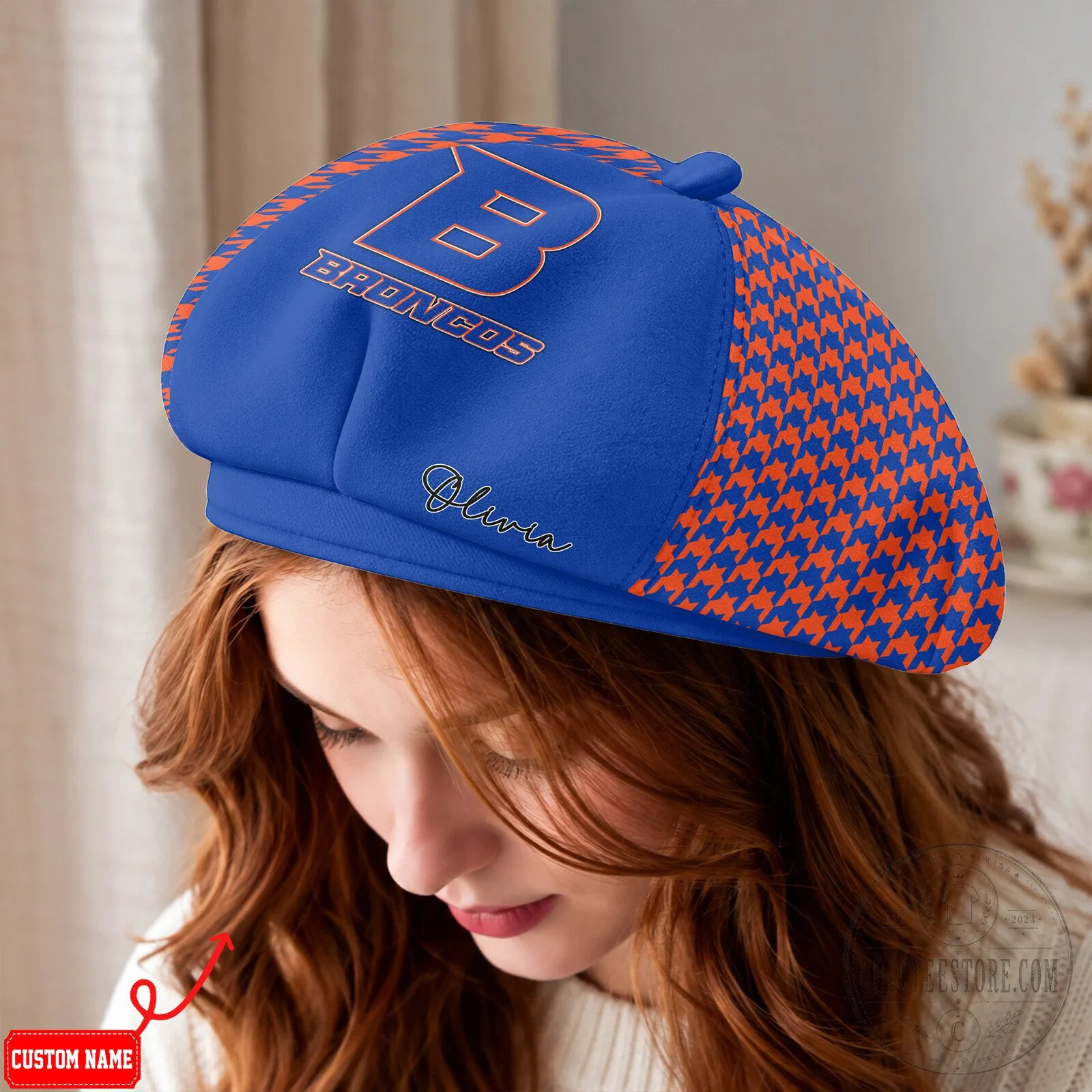 Boise State Broncos Personalized Blue and Orange Houndstooth Beret Cap Hat