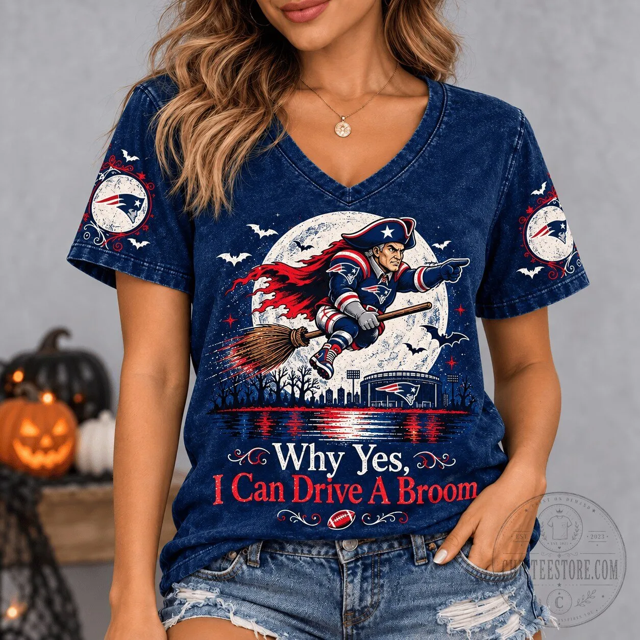 New England Patriots Halloween Witch Game Day V-Neck T-Shirt