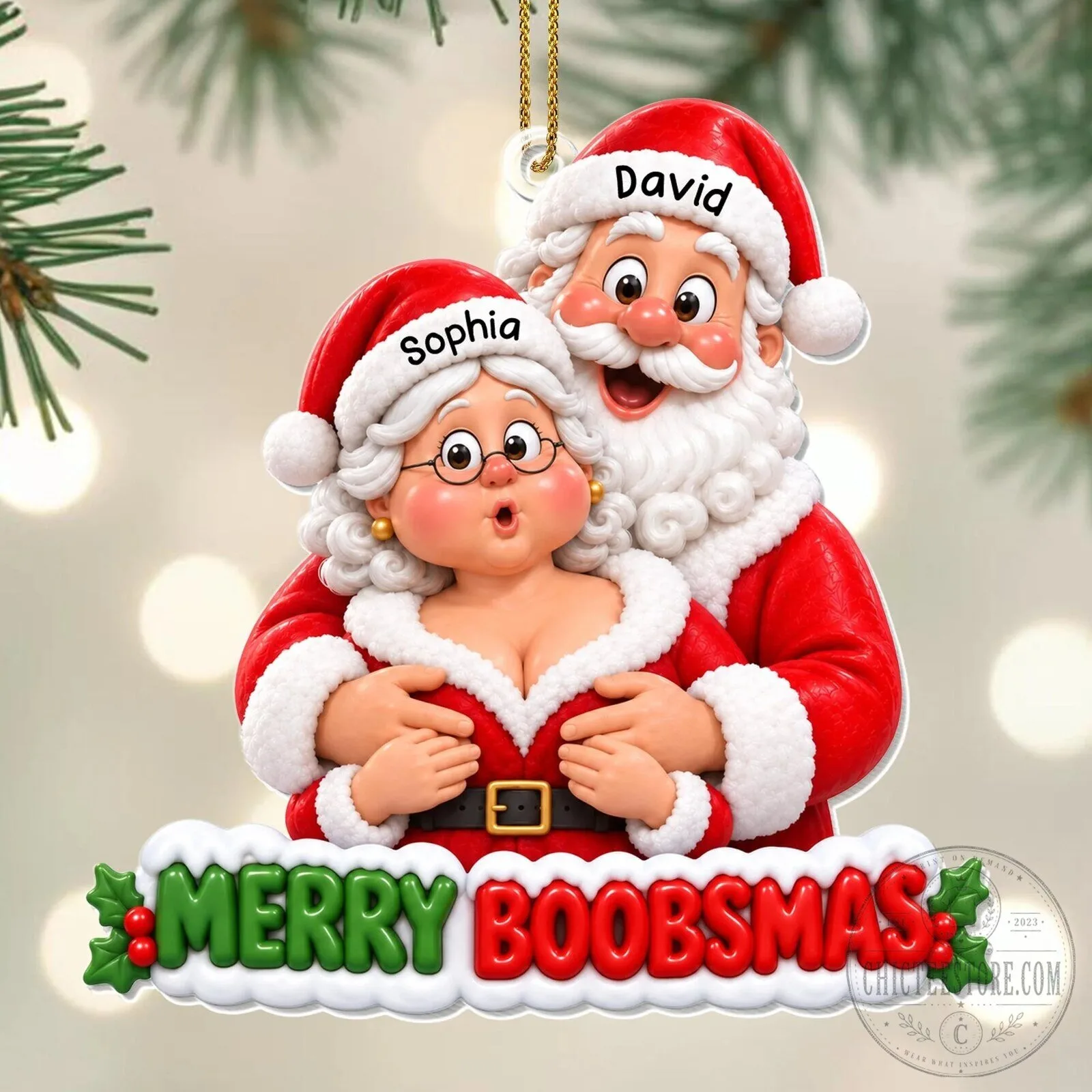 Personalized Merry Boobsmas Santa Claus and Mrs. Claus Christmas Tree Ornament