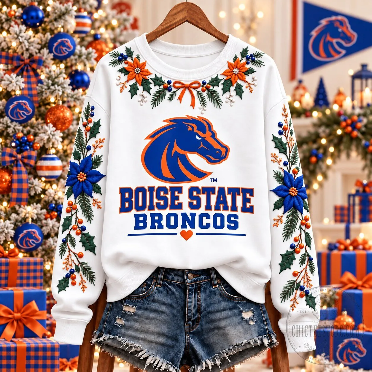Boise State Broncos Christmas Team Spirit Floral Sweatshirt