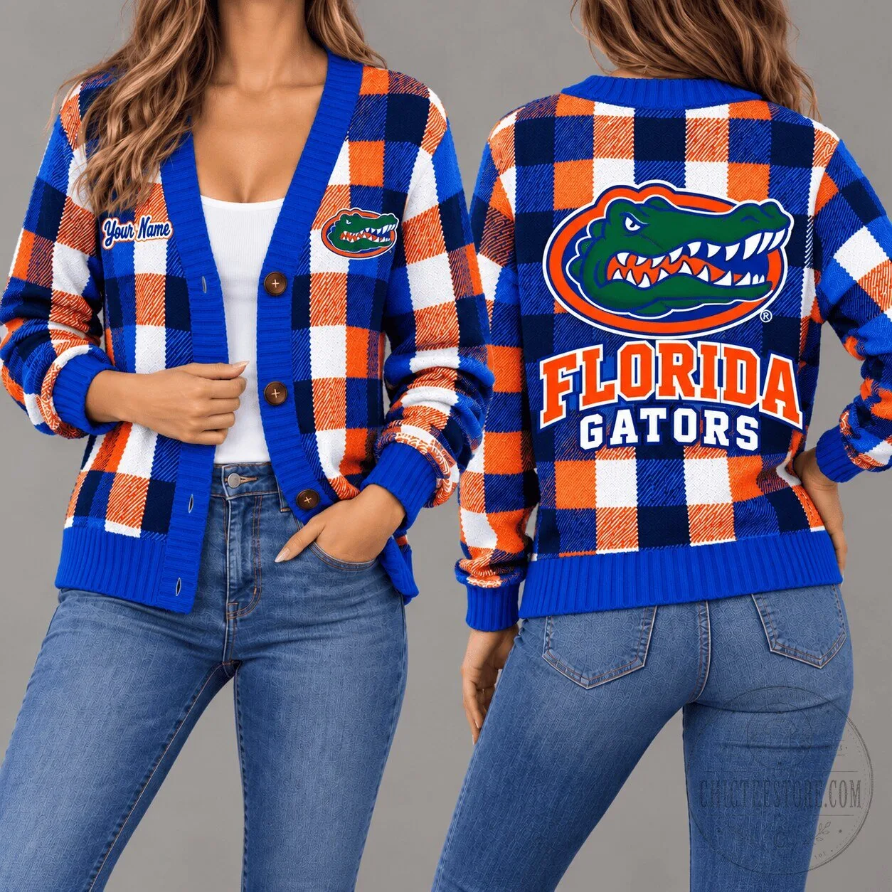 Florida Gators NCAA Plaid Pattern Button-Up Cardigan Sweater