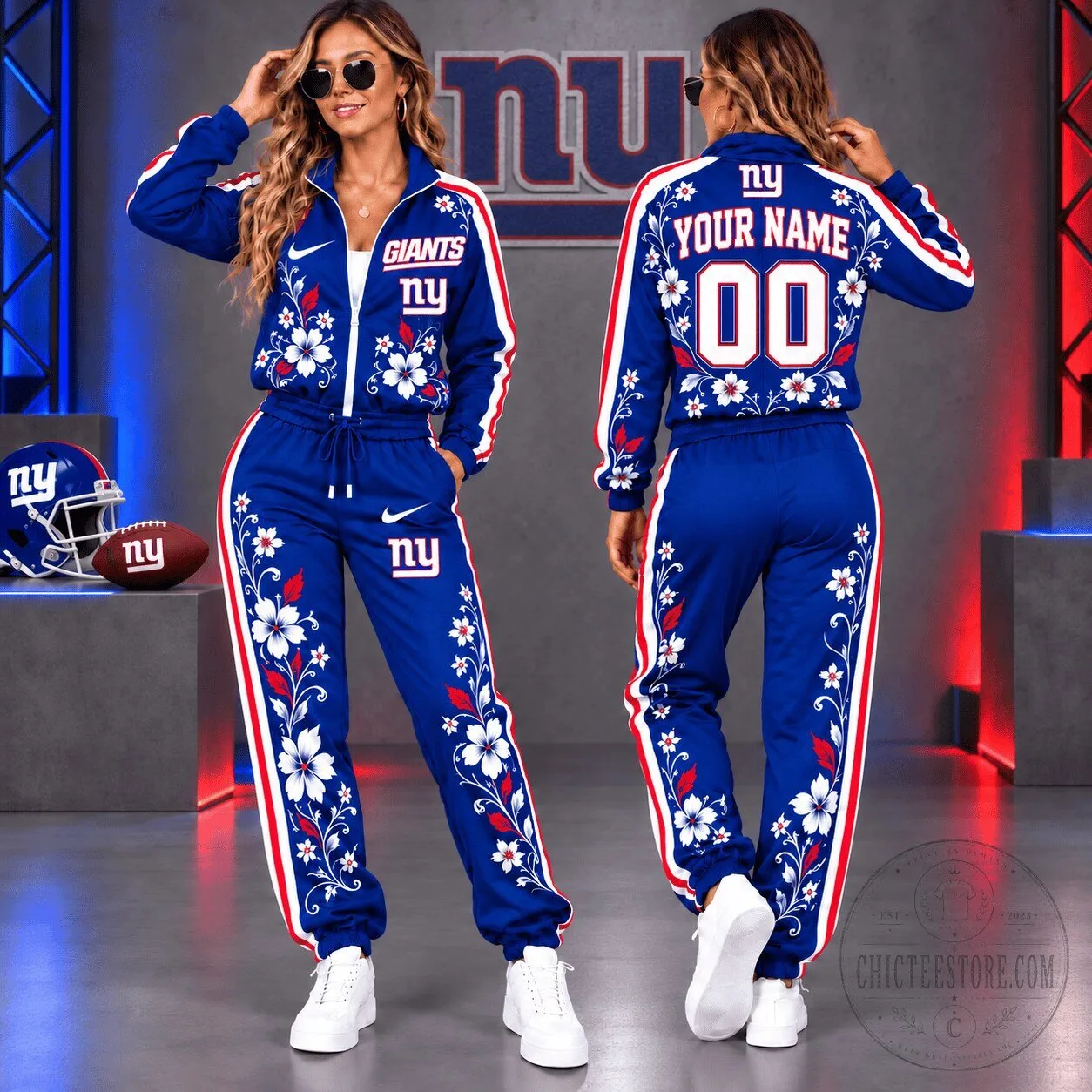 New York Giants Custom Name And Number Floral Design Tracksuit