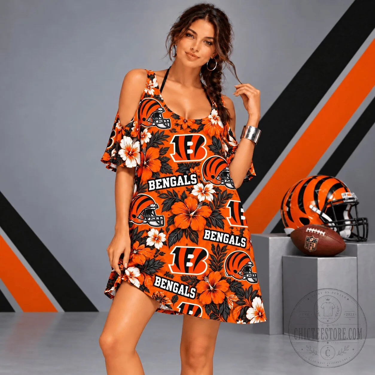Cincinnati Bengals NFL Floral Cold Shoulder Dress for Women