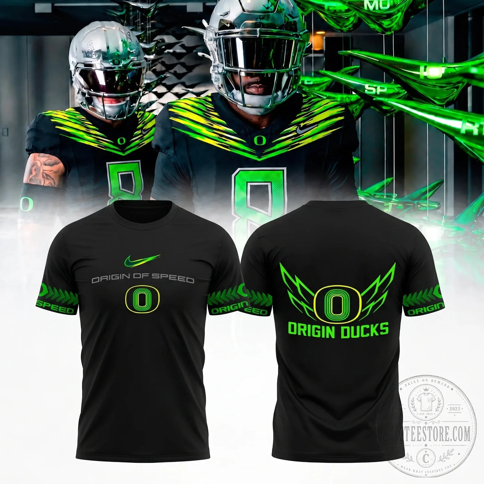 Oregon Ducks Origin of Speed Football Fan Black Short Sleeve T-Shirt