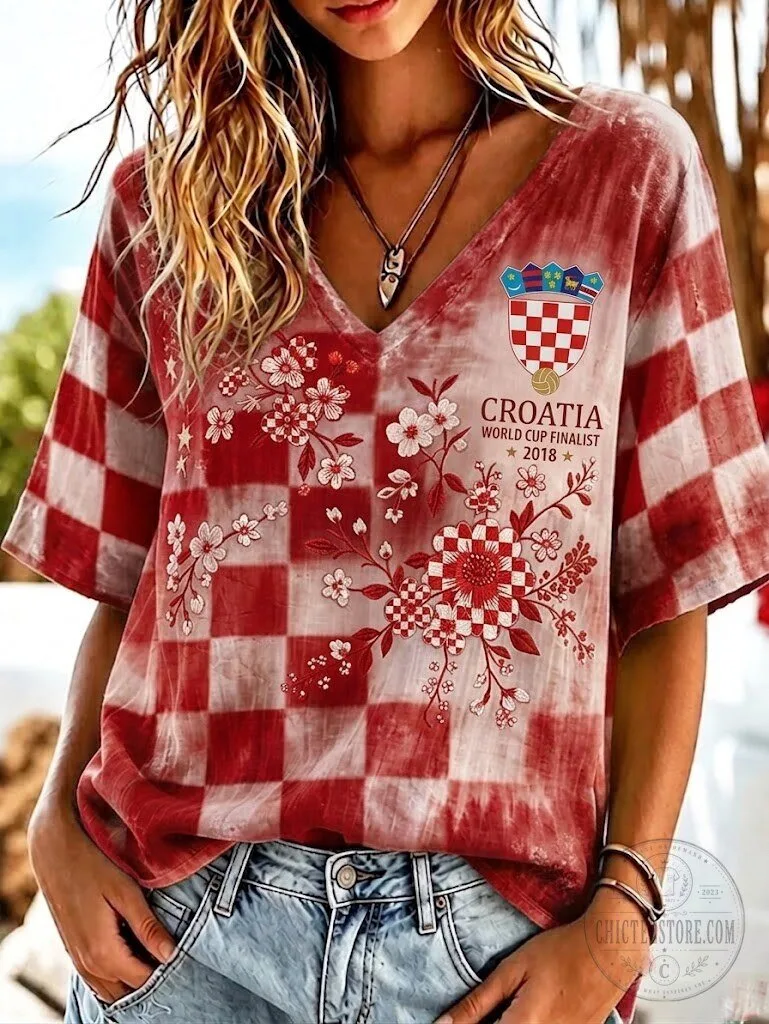 Croatia World Cup Finalist 2018 Floral Checkered V-Neck T-Shirt 1 Croatia World Cup Finalist 2018 Floral Checkered V-Neck T-Shirt