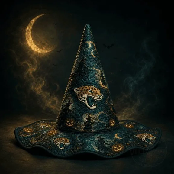 Jacksonville Jaguars Halloween Witch Hat with Moon and Pumpkin Design