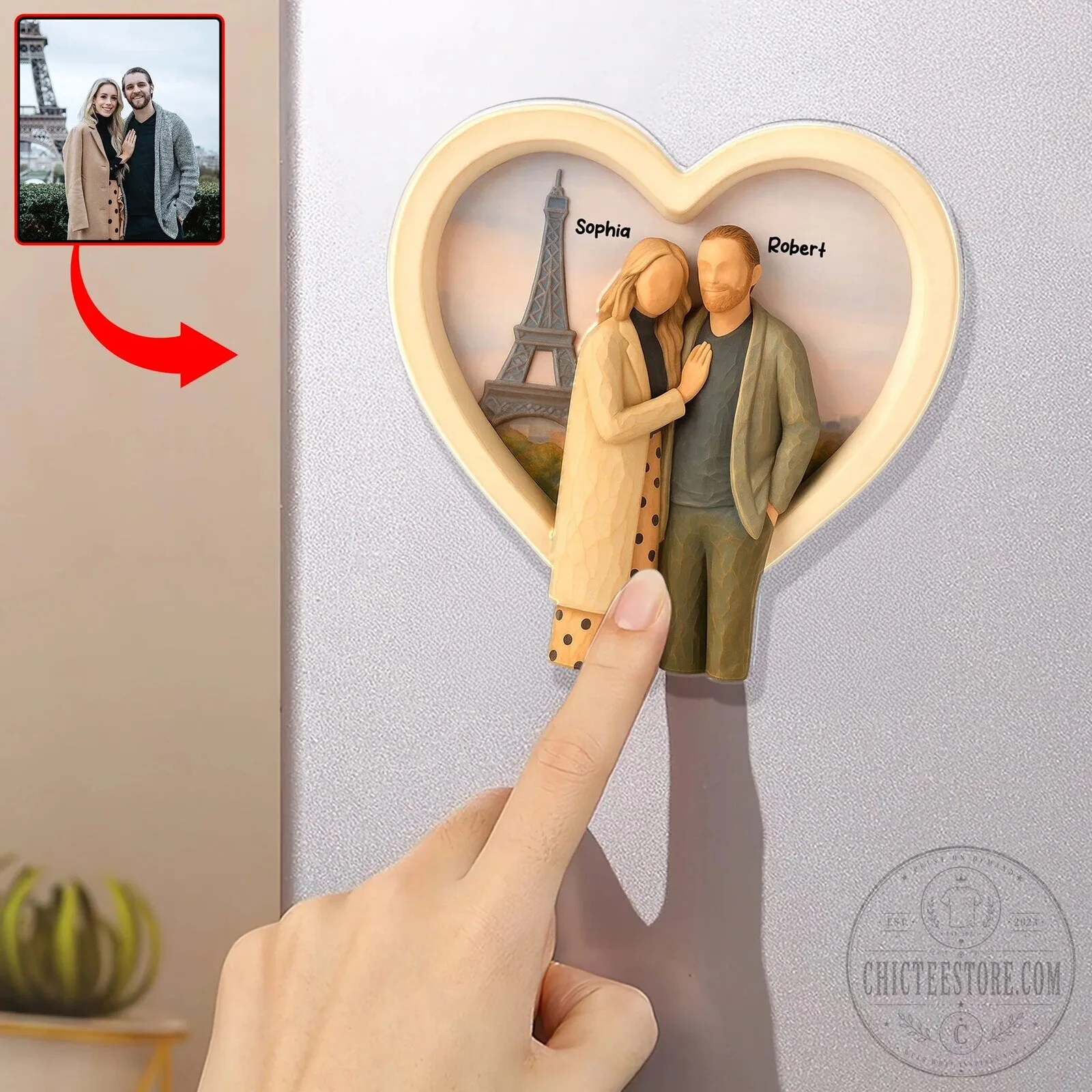 Custom Couple Portrait Heart Shaped Refrigerator Magnet with Eiffel Tower Background