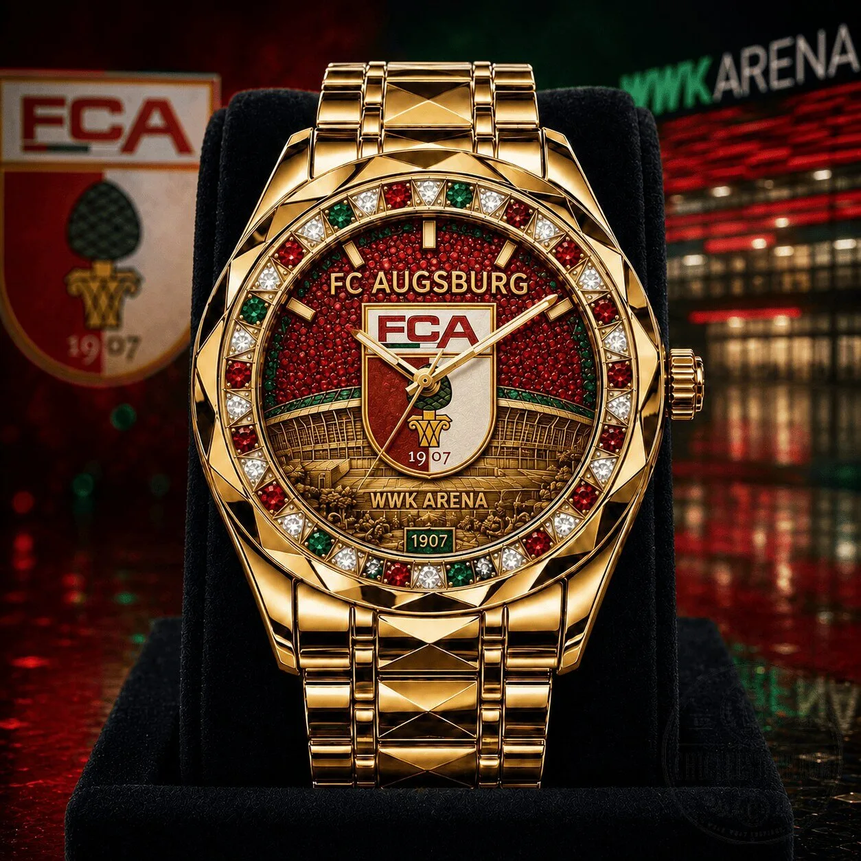 FC Augsburg Bundesliga Gold Tone Watch with WWK Arena Dial and Gemstone Bezel