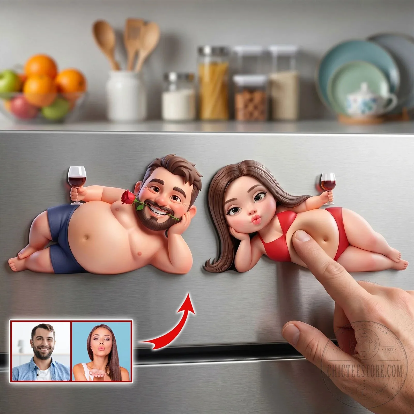 Personalized Custom Couple Fridge Magnet with Photo Upload and Cartoon Caricature