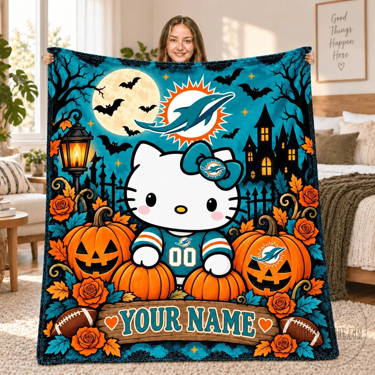 Hello Kitty Miami Dolphins Halloween Fleece Blanket Custom Name
