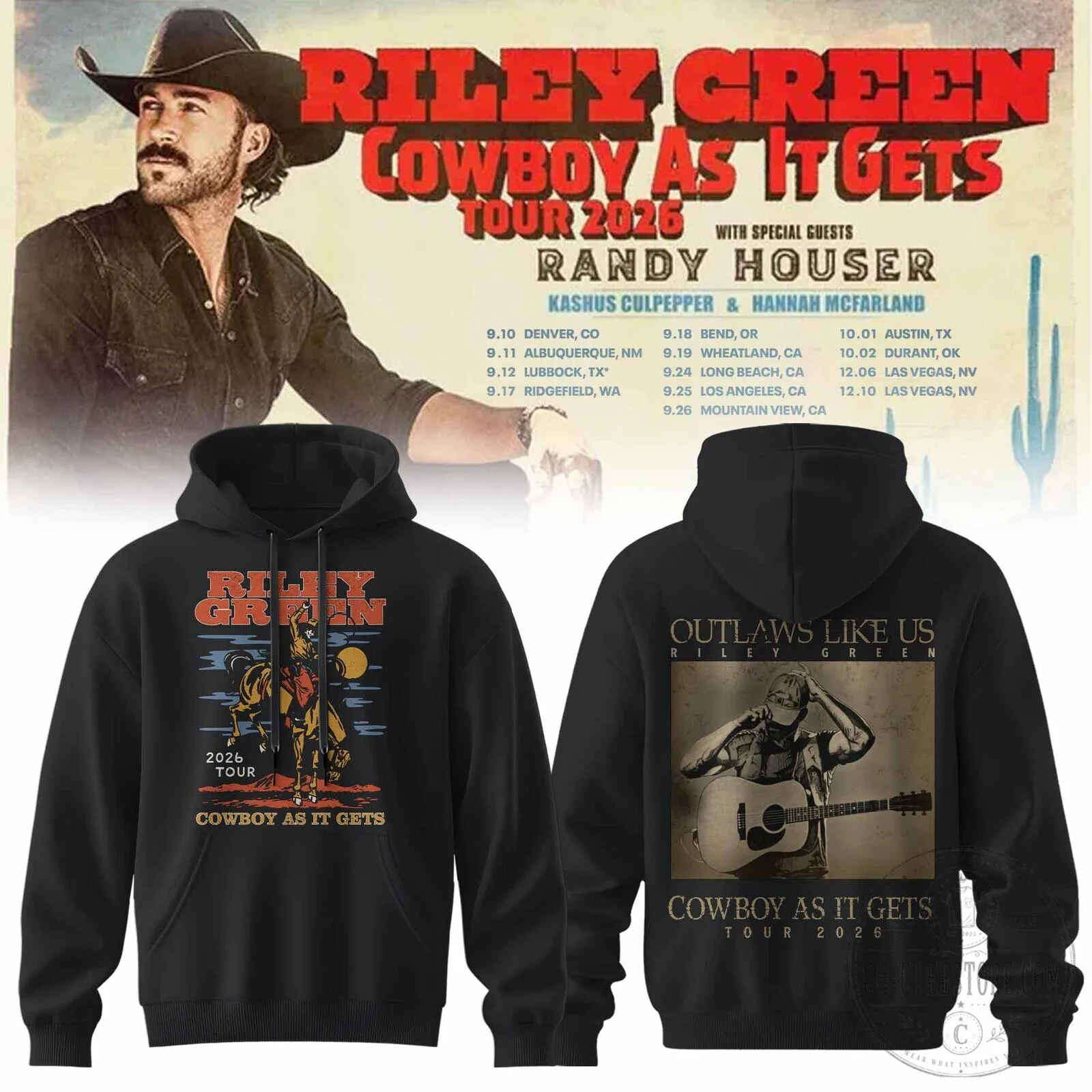 Riley Green Cowboy As It Gets Tour 2026 Black Hoodie