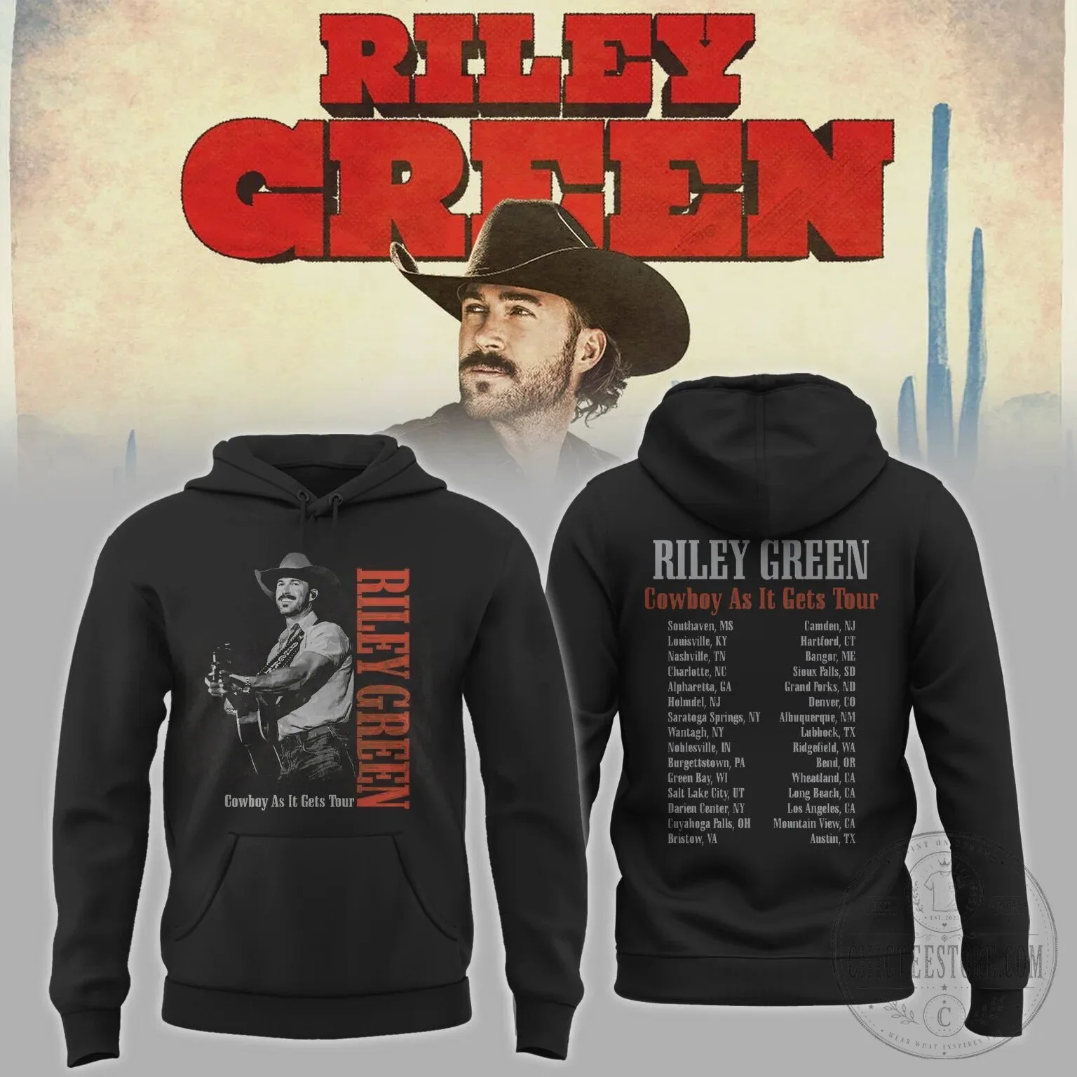 Riley Green Cowboy As It Gets Tour 2024 Concert Dates Black Hoodie