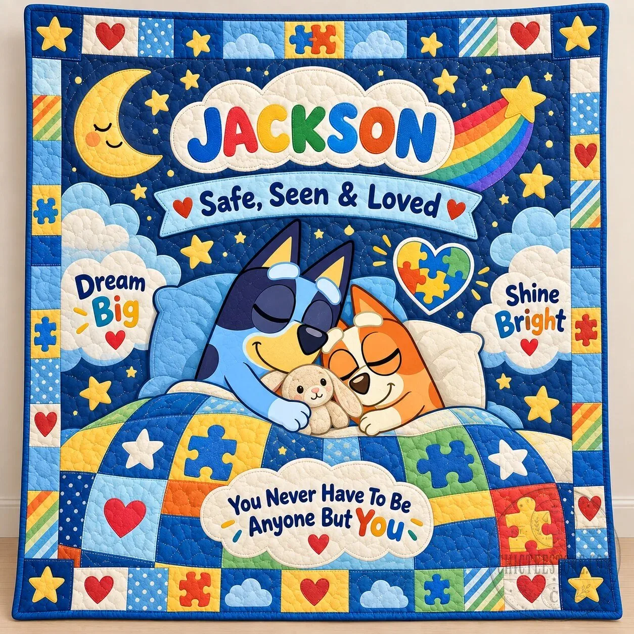 Personalized Bluey Autism Awareness Safe Seen Loved Quilt Blanket