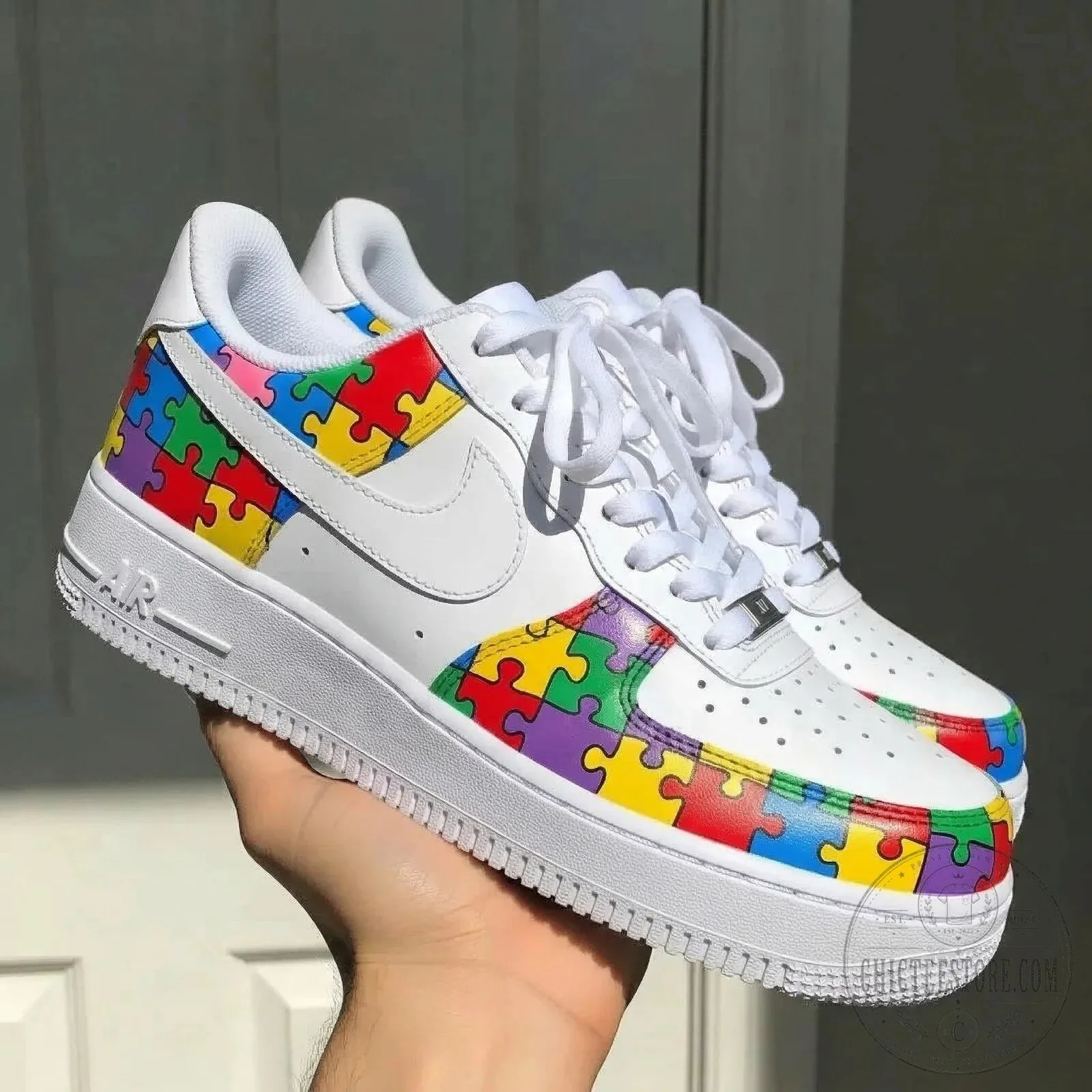 Autism Awareness Puzzle White Sneakers Custom Shoes