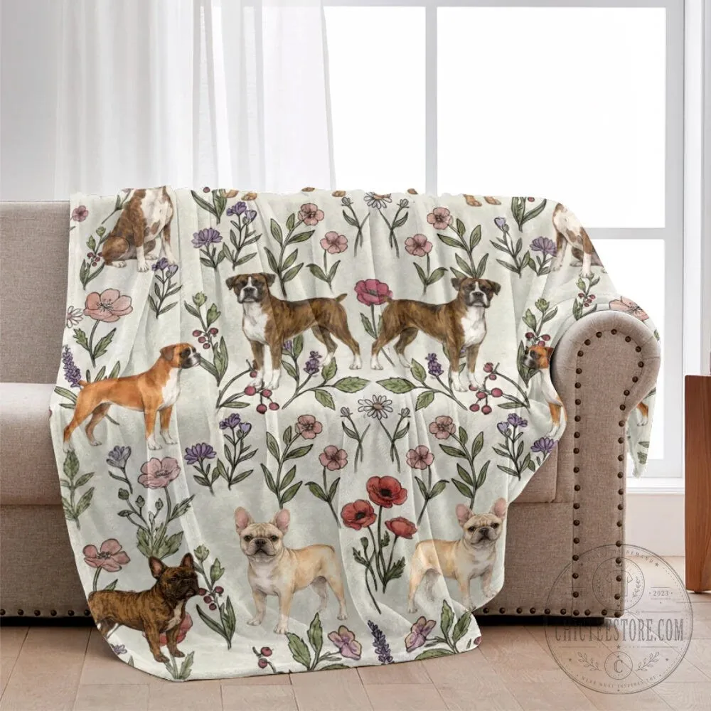 Boxer Dog Floral Pattern Cozy Soft Fleece Throw Blanket