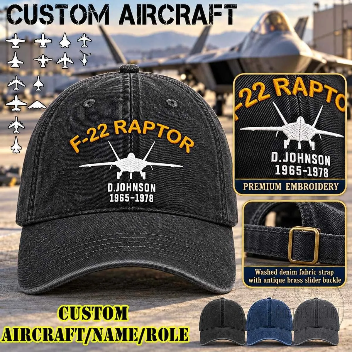 F-22 Raptor Fighter Jet Embroidered Washed Denim Baseball Cap Hat