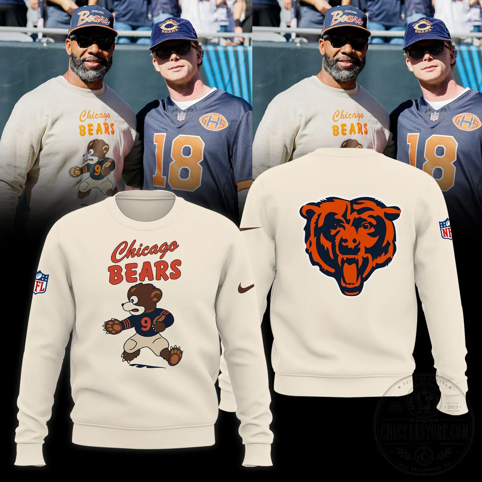 Chicago Bears Football Team Bear Mascot Logo Cream Sweatshirt