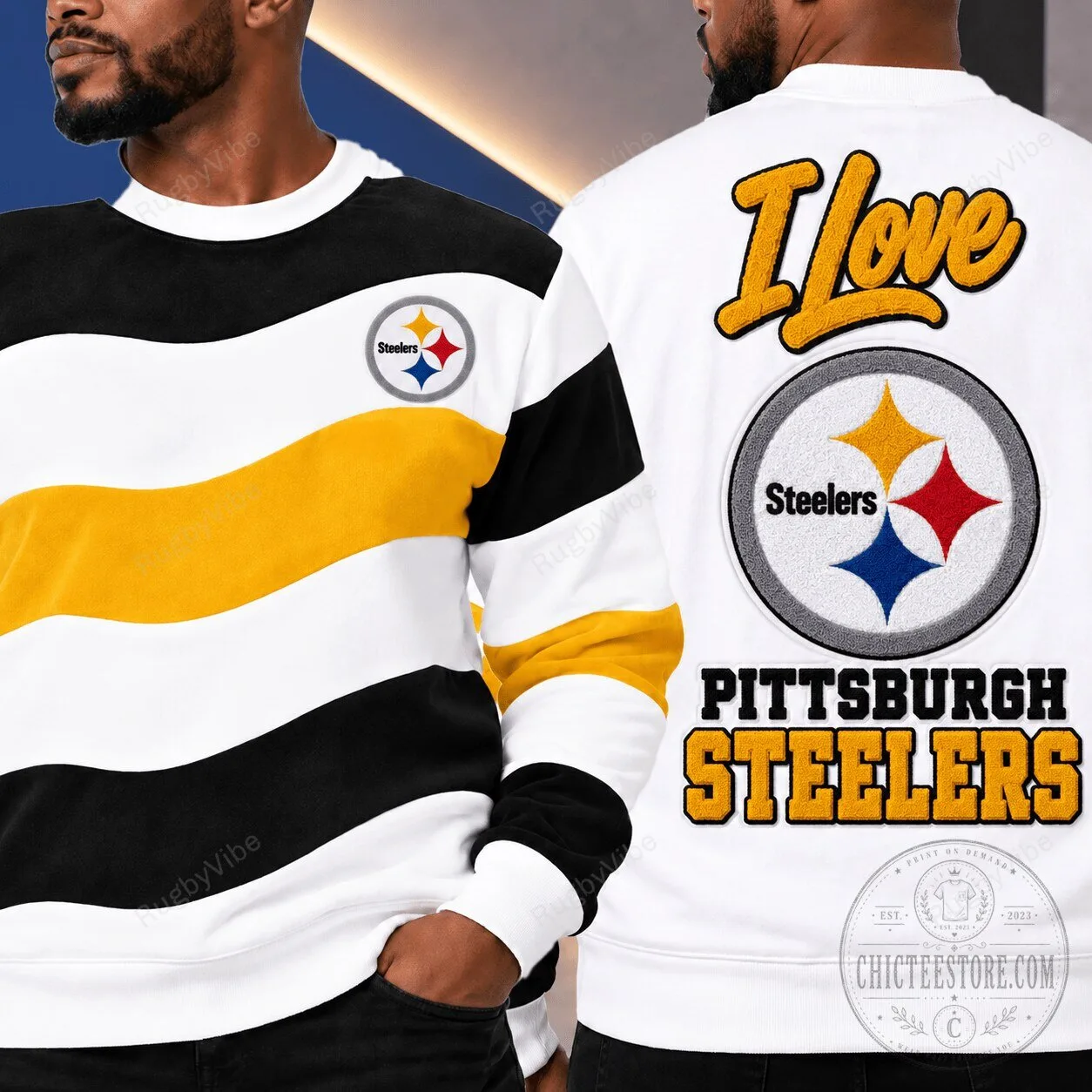 Pittsburgh Steelers Football Team Logo Striped Crewneck Sweatshirt
