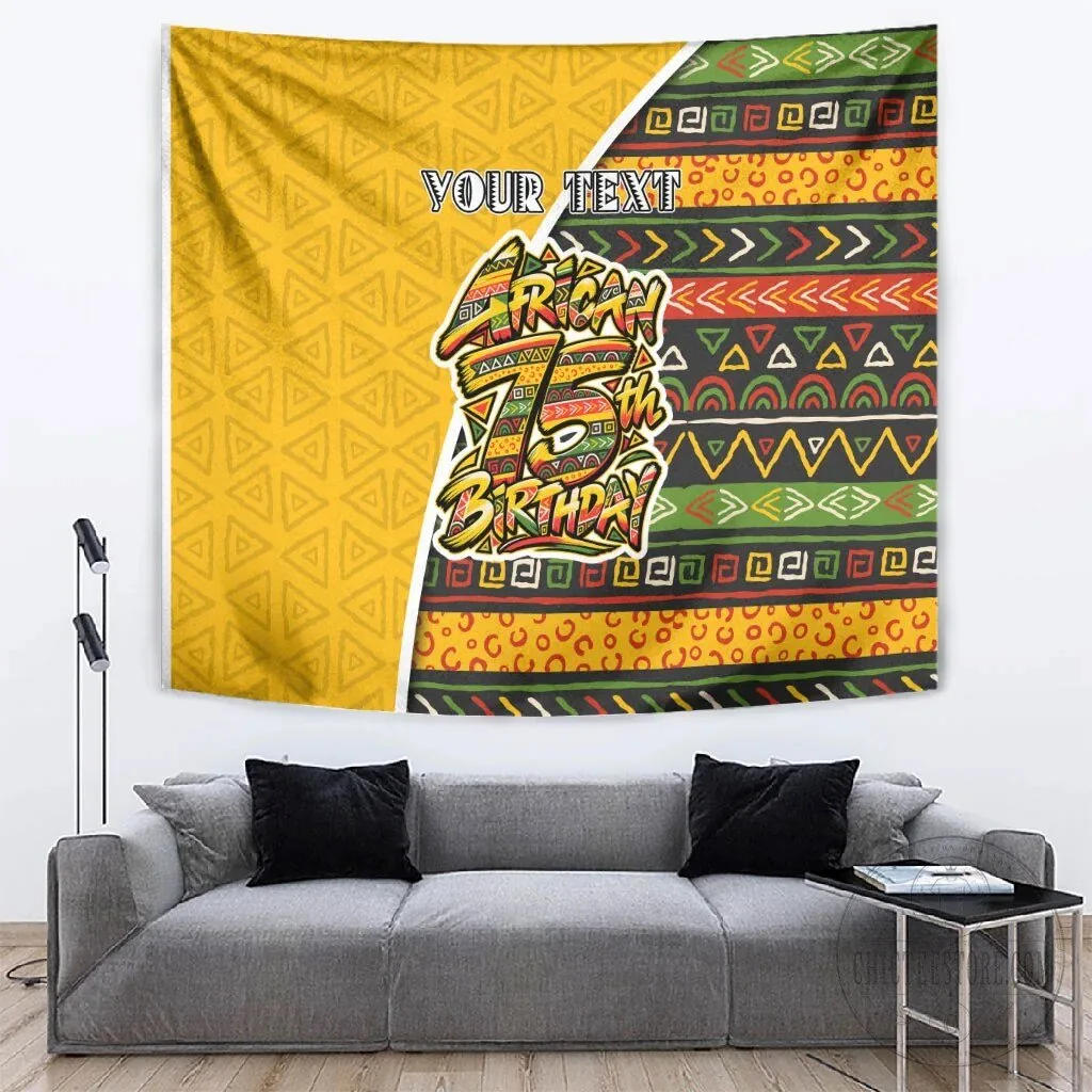 Personalized African 75th Birthday Tapestry Colorful Tribal Geometric Heritage Wall Hanging