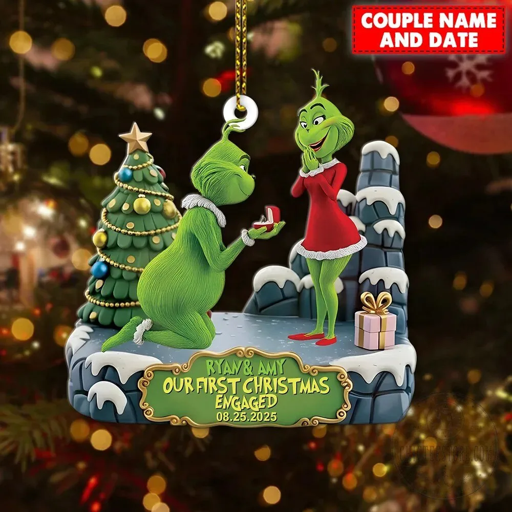 Grinch Couple Our First Christmas Engaged Personalized Holiday Ornament