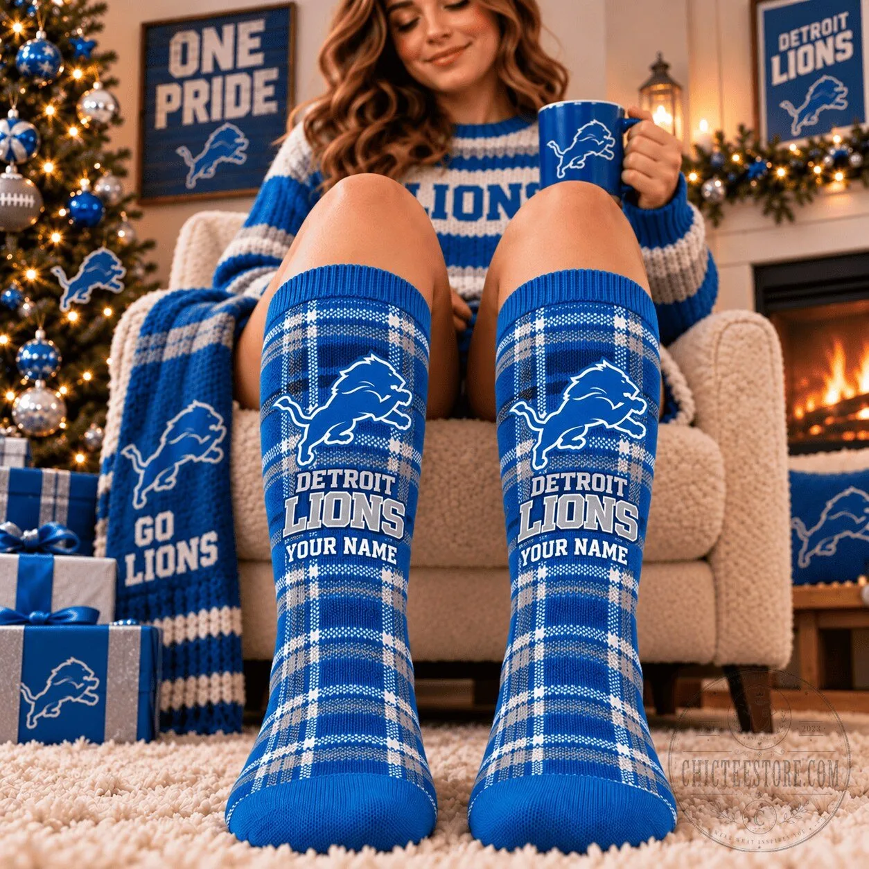 Detroit Lions NFL Plaid Custom Name Football Team Fan Socks