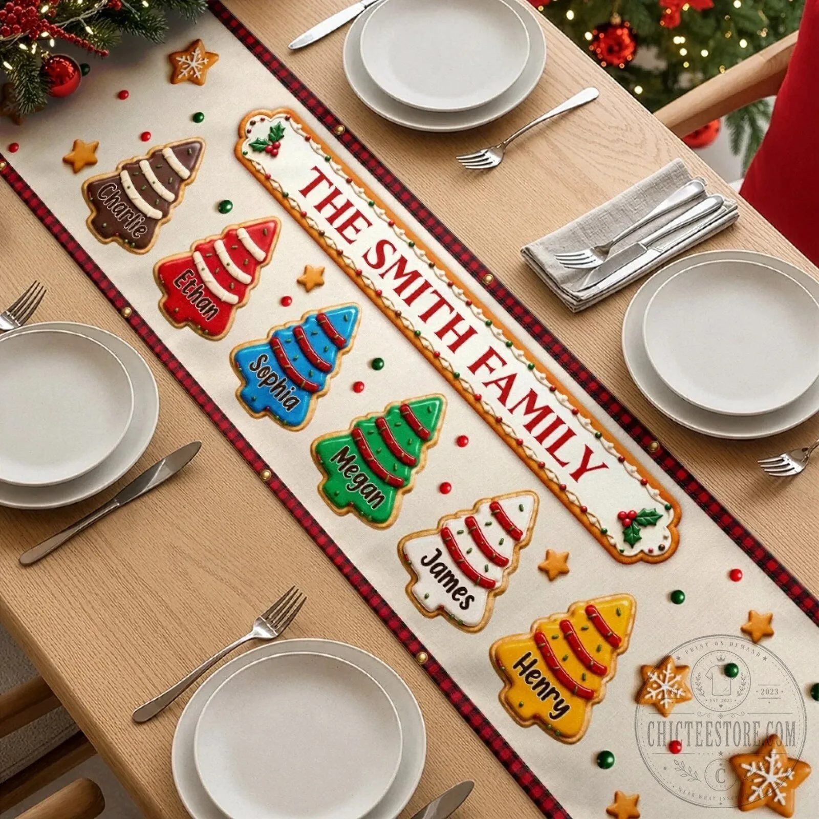 Personalized Christmas Tree Cookie Family Name Table Runner