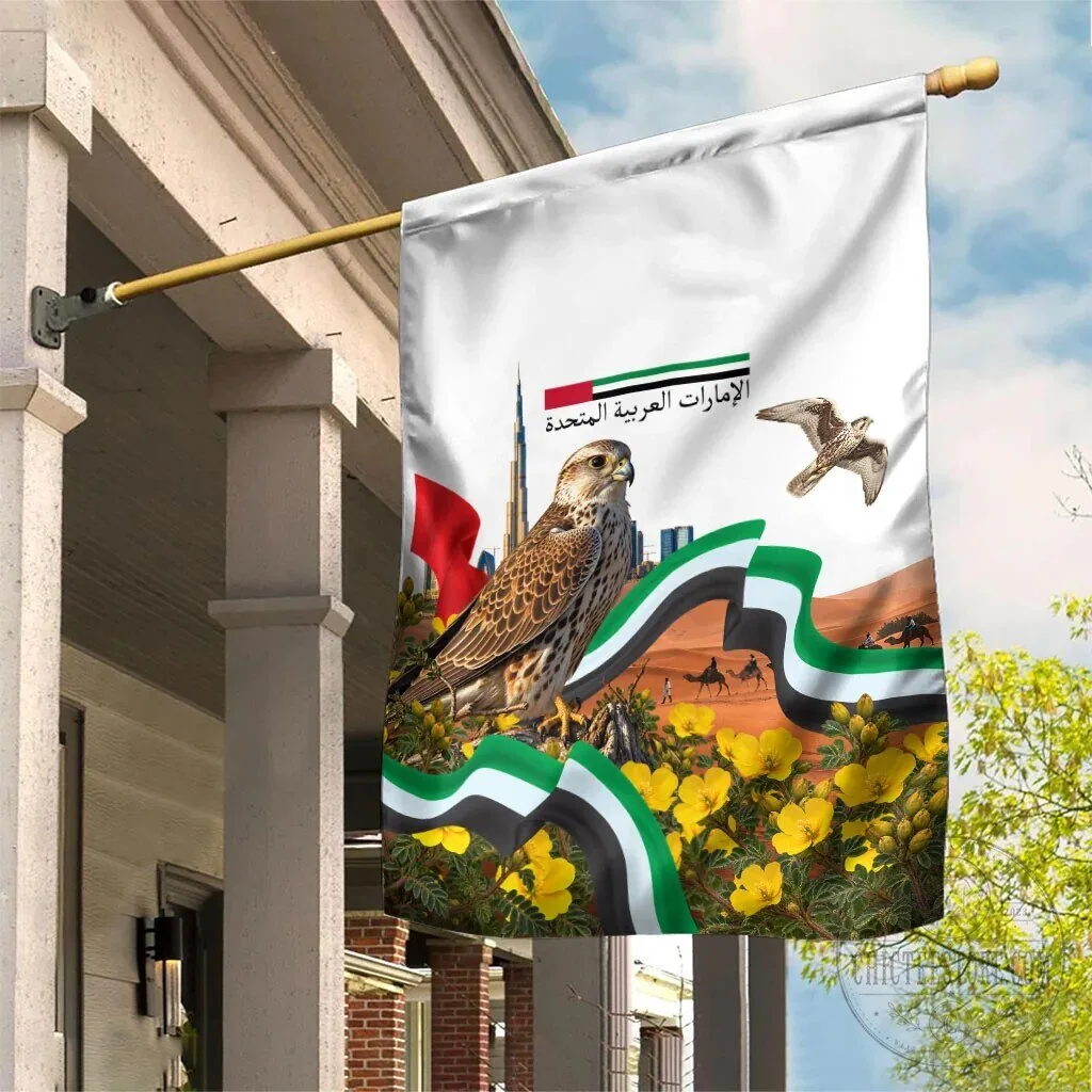 United Arab Emirates National Day Falcon and Burj Khalifa Desert Landscape Flag