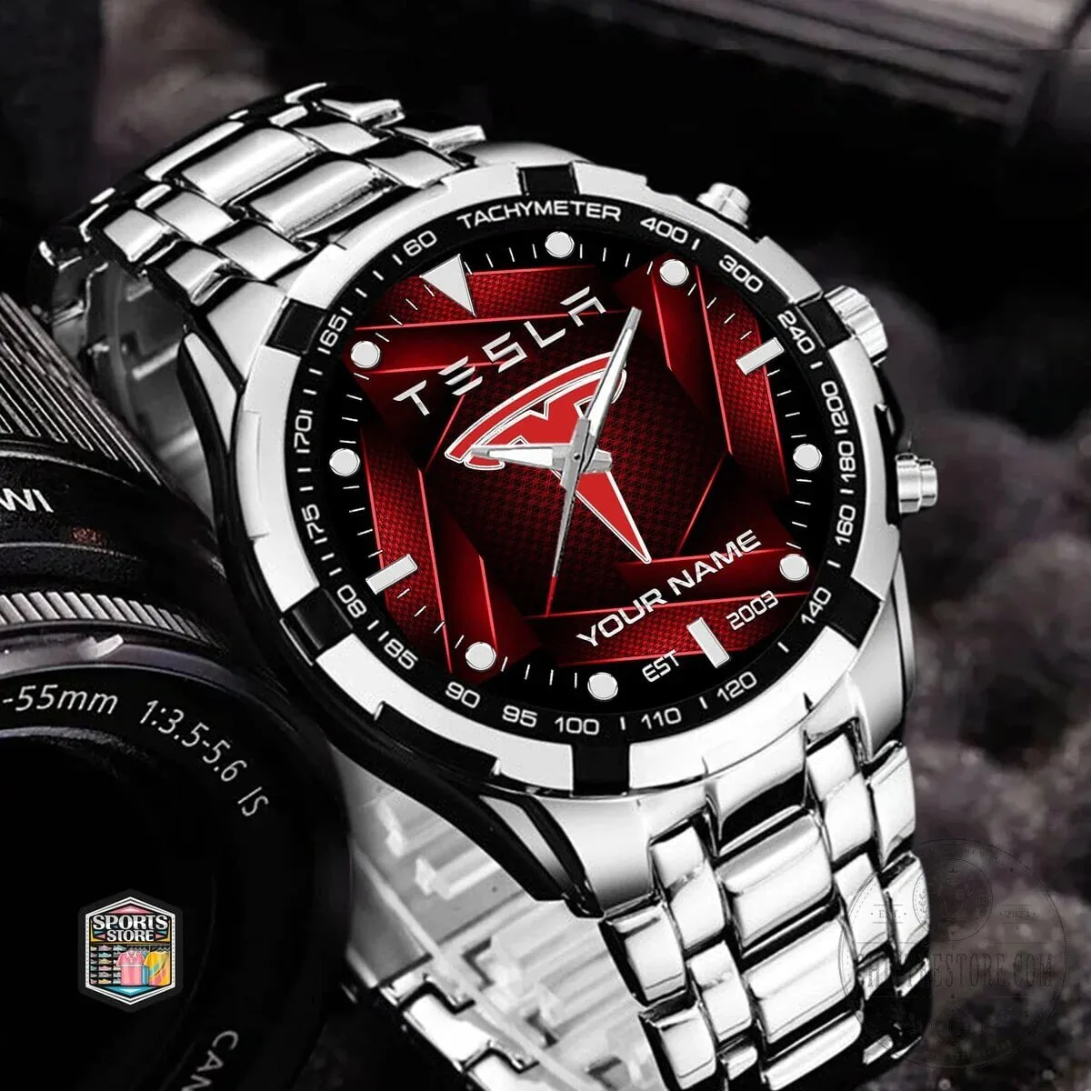 Tesla Custom Name Red and Black Elegant Fashion Design Watch